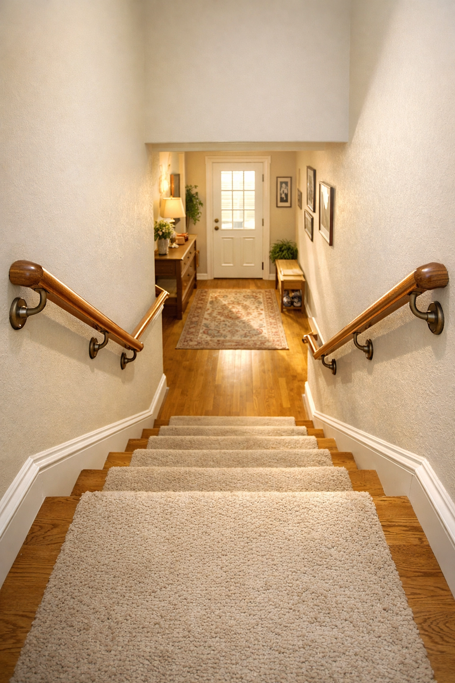 Safe home staircase with graspable wooden handrails installed on both sides.