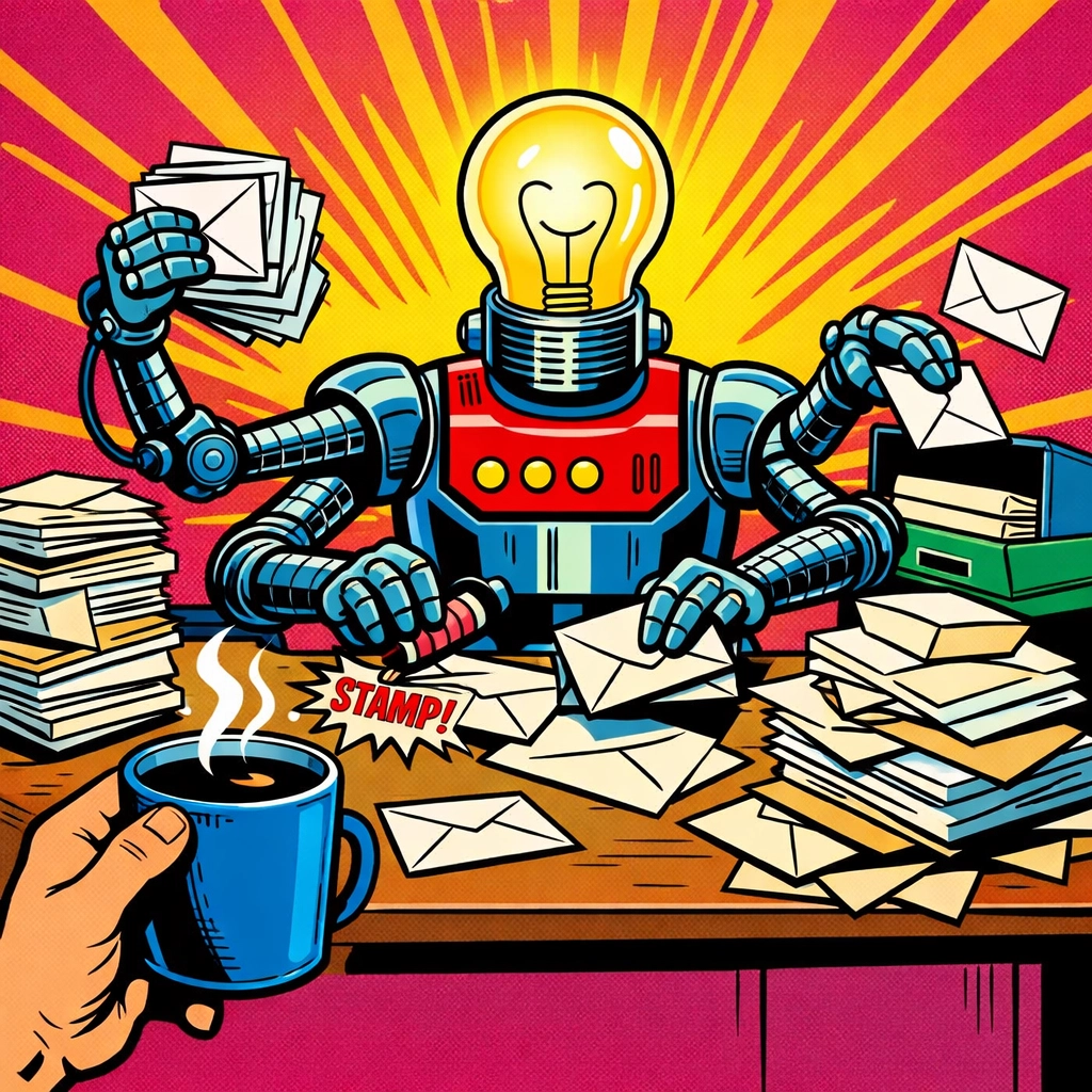 An AI assistant for small business handles repetitive admin tasks while the owner enjoys a coffee break.