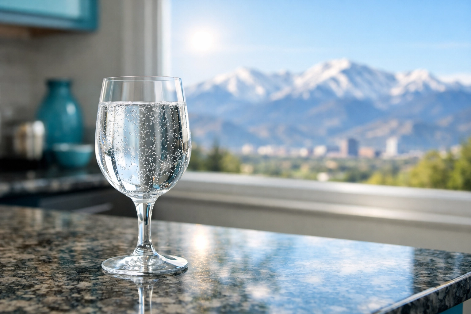 Crystal clear glass of water on a Denver kitchen island with Colorado mountains in the background.