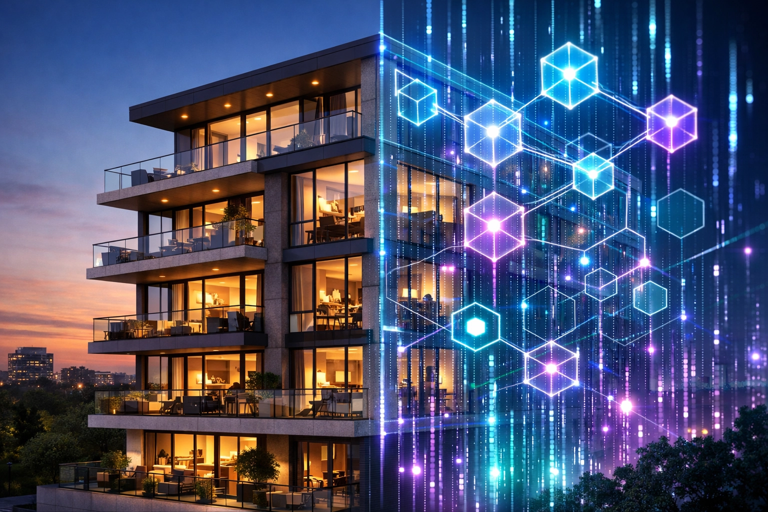 Modern apartment building with blockchain technology overlay showing tokenized real estate