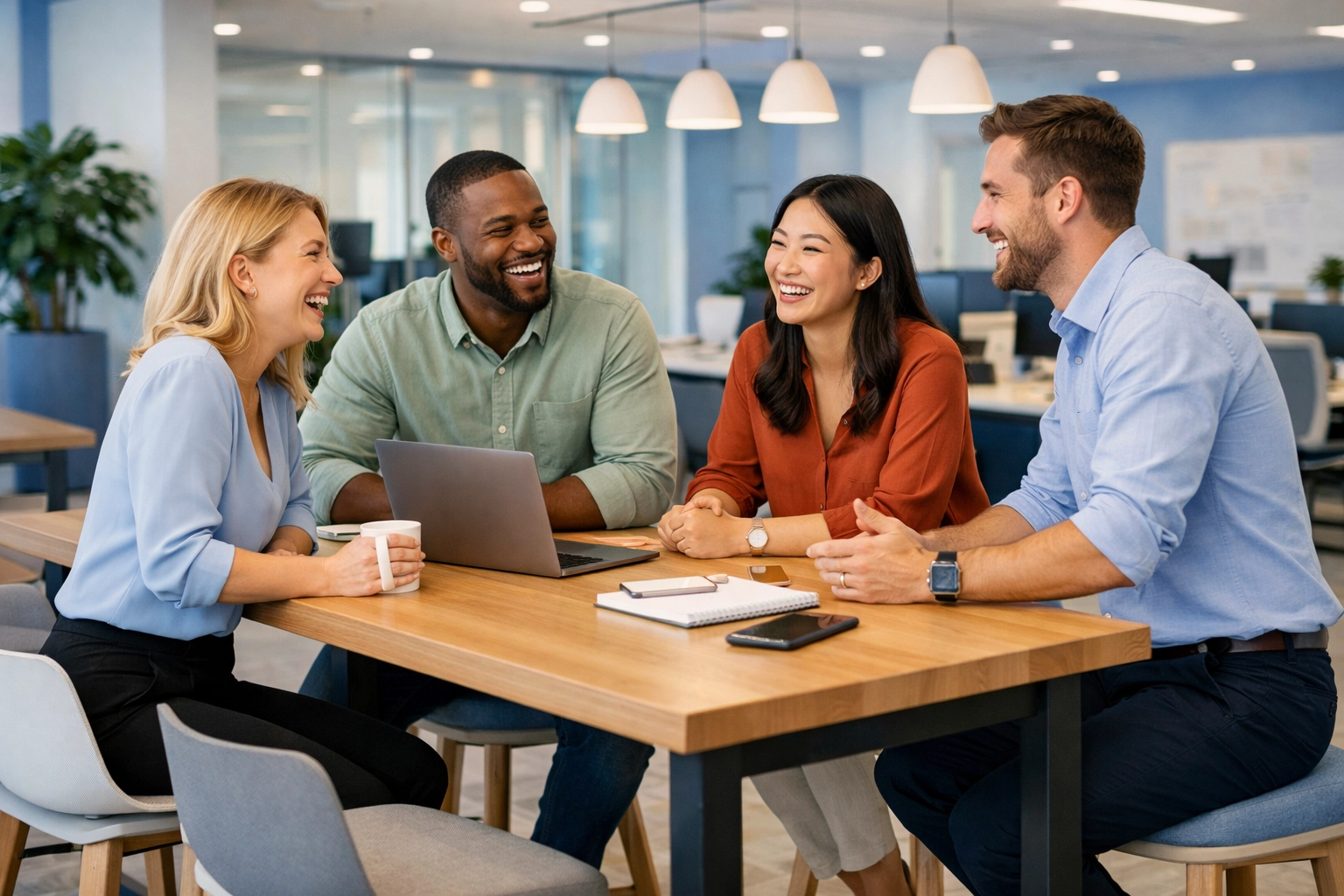 Collaborative business team discussing new tax-deductible employee benefits in a modern workspace.