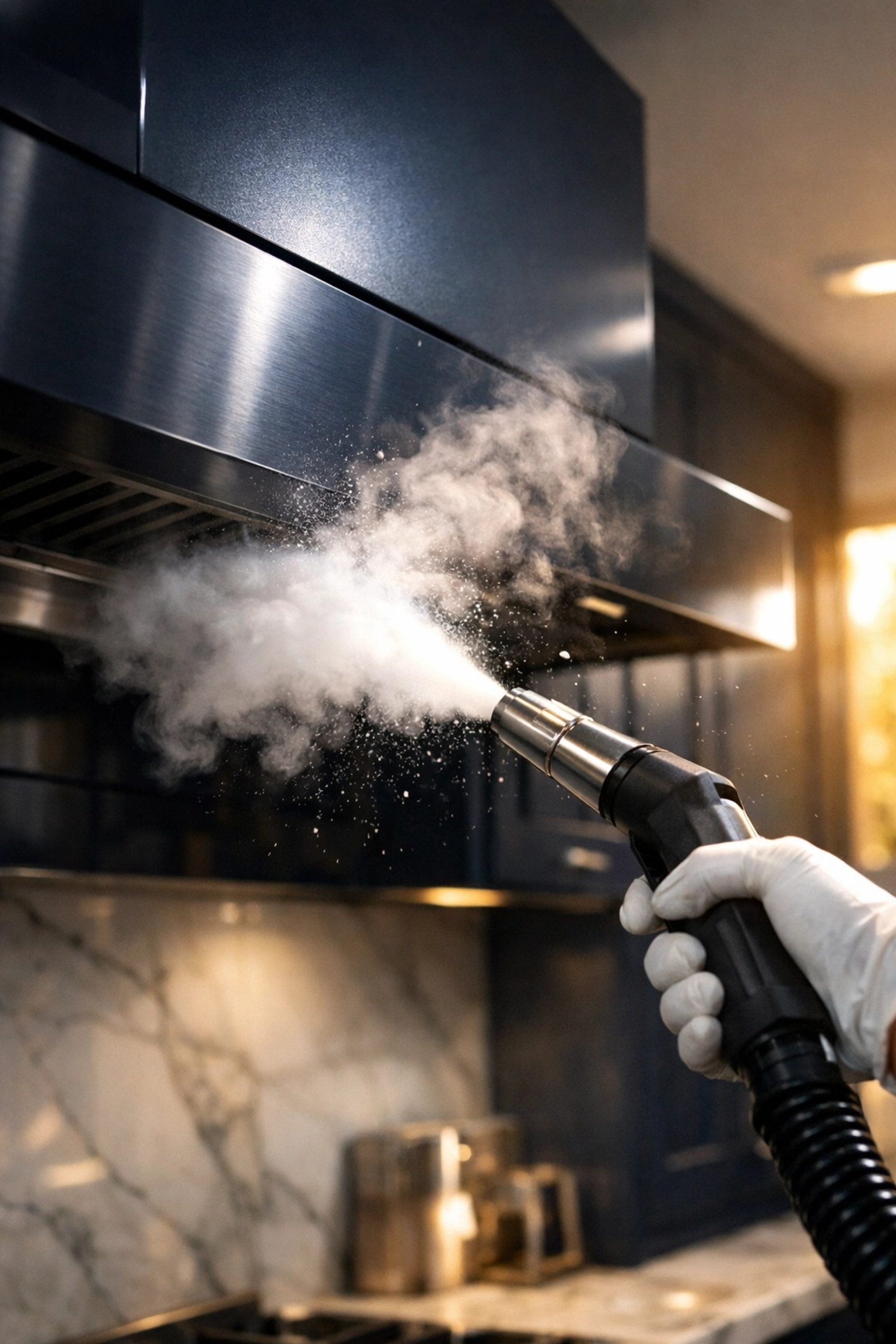 High-pressure steam cleaning of a kitchen exhaust vent hood to sanitize and remove oily buildup.