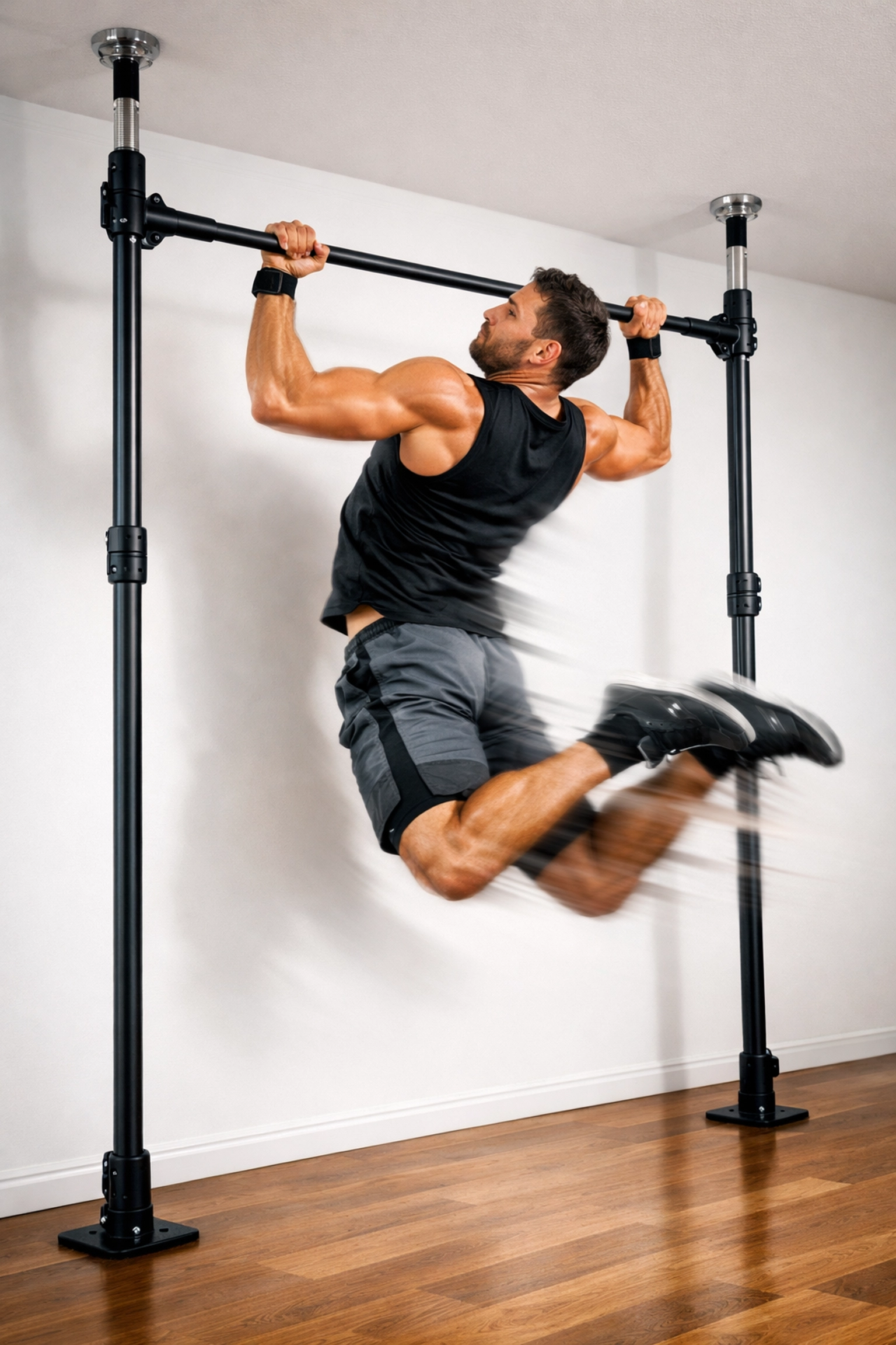 CrossFit athlete performing pull-ups on floor-to-ceiling home gym system without wall damage