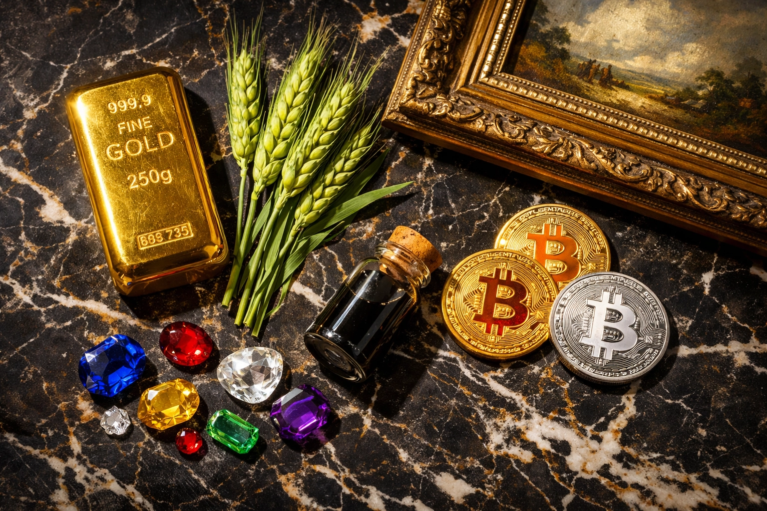 Alternative investment assets including gold bars, Bitcoin, farmland crops, and fine art