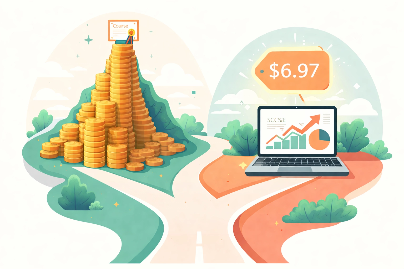 Comparison of high-priced affiliate marketing courses with affordable $6.97 learning path for mastering affiliate marketing