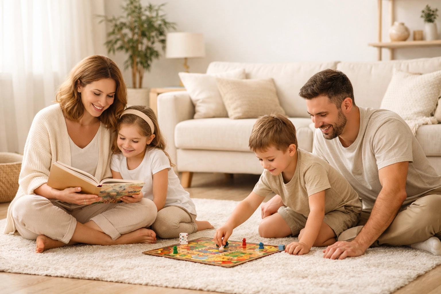 Happy Greenville family enjoying quality time in clean living room after recurring cleaning