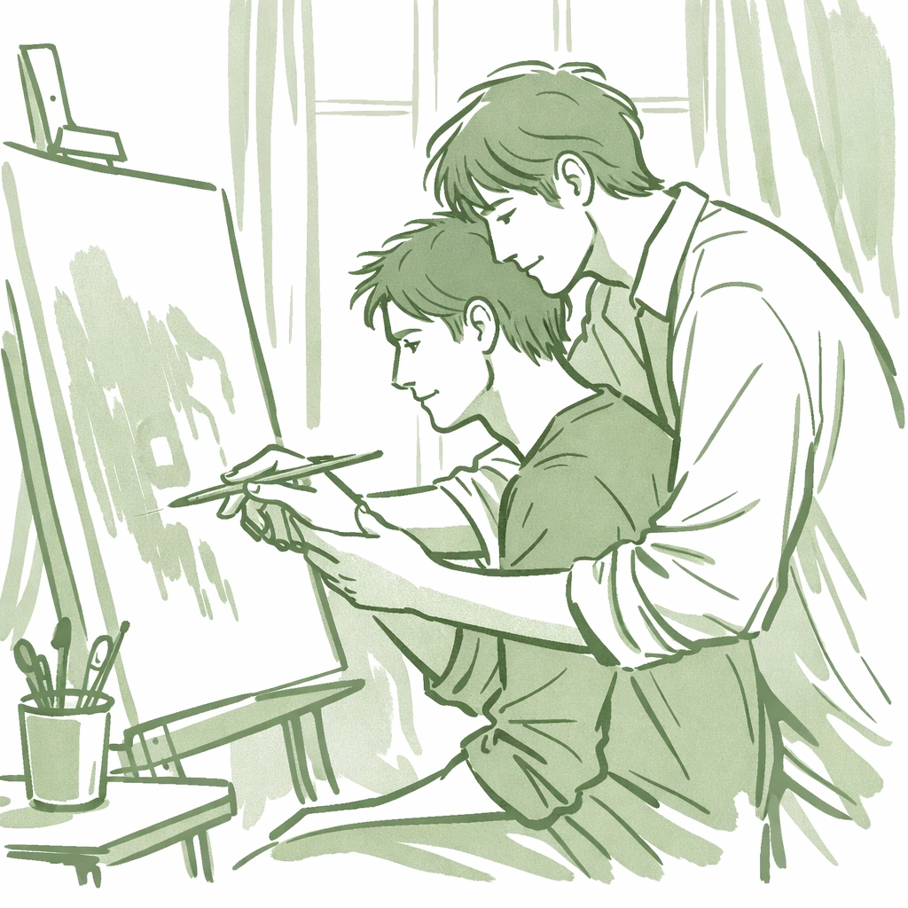 Two men painting together in art studio - MM romance and creative intimacy