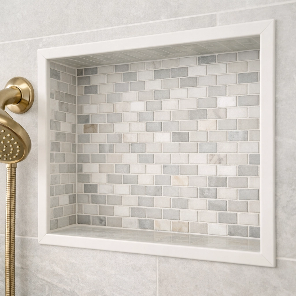Professional tile installation showing a modern shower niche and brushed gold fixtures in a Central Ohio home.
