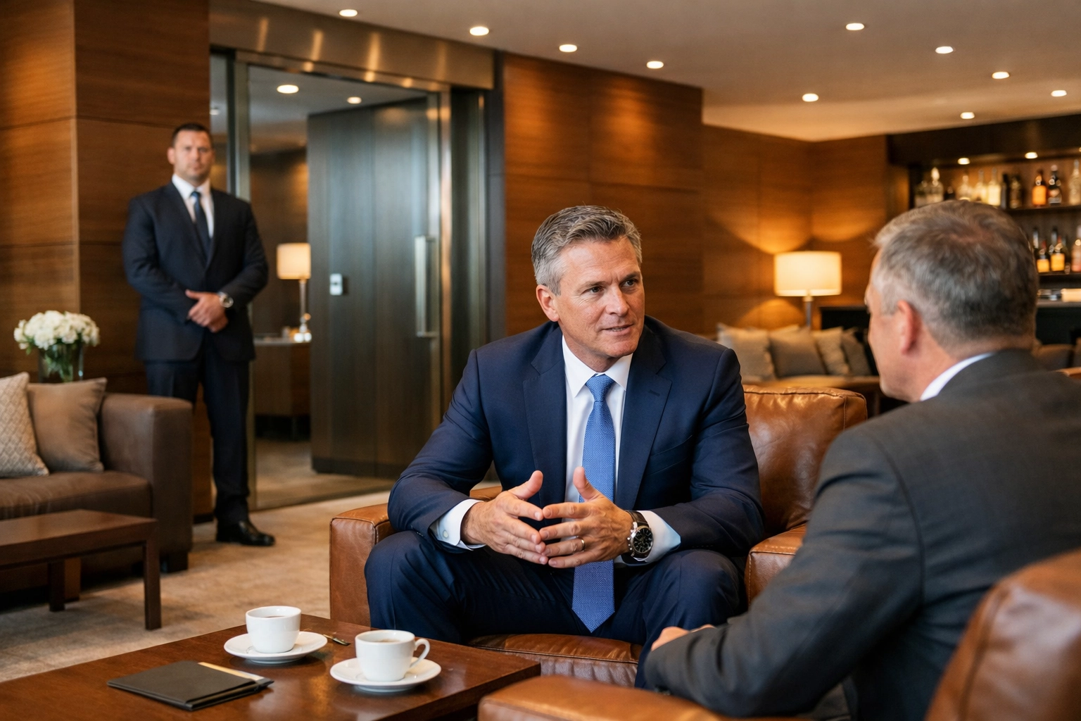 Executives in a secure corporate hospitality lounge discussing business with professional security oversight.