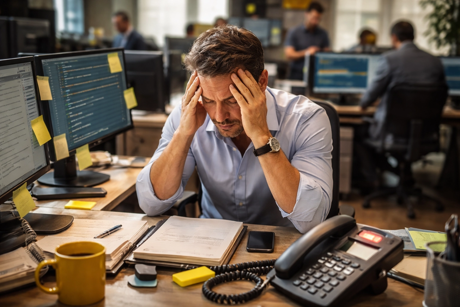 MSP business owner looks overwhelmed at a crowded desk while IT staff work in a busy office, highlighting scaling issues.
