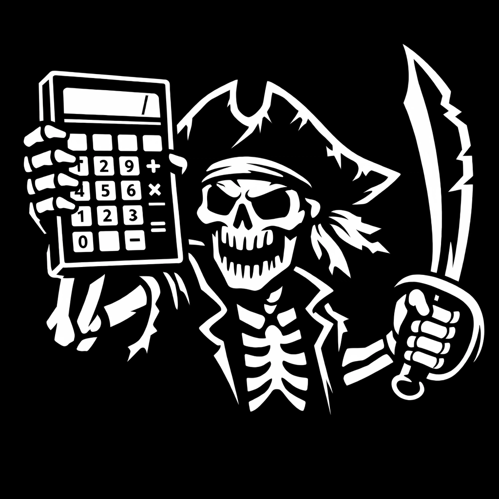 Skeletal pirate with a calculator and sword symbolizing the fight against taxes.