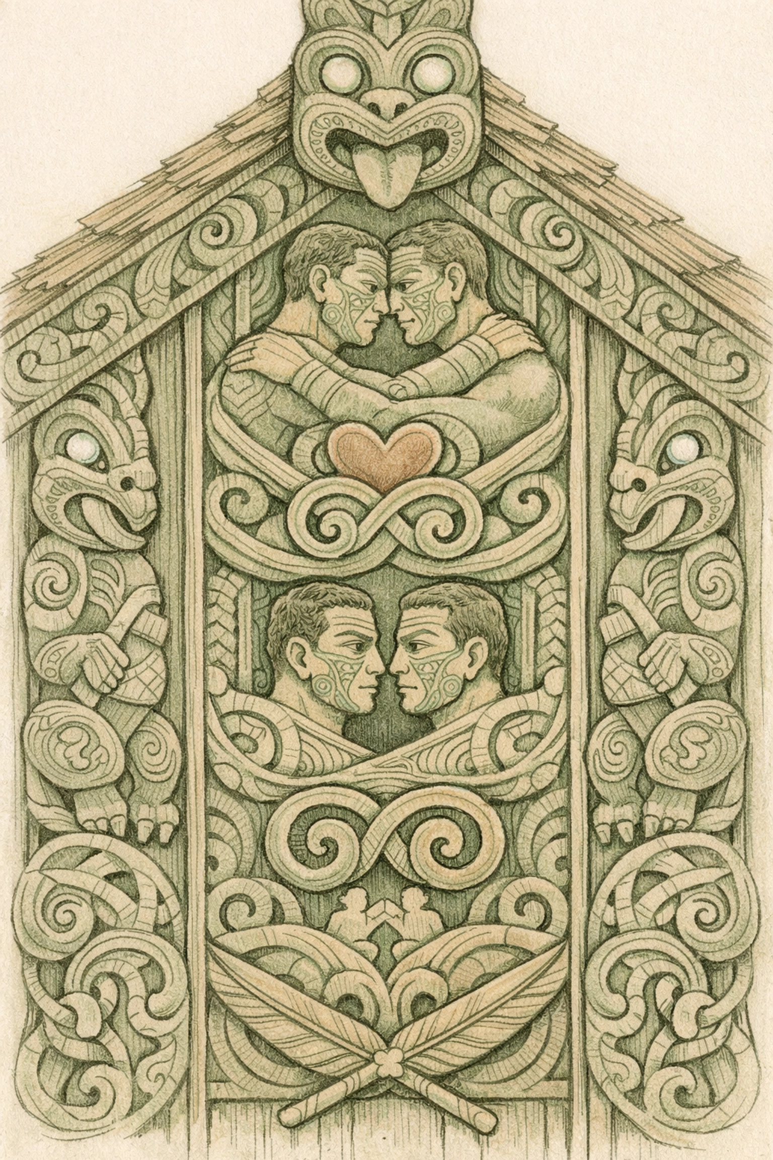 Traditional Māori wood carving depicting same-sex love symbols in Indigenous LGBTQ+ culture