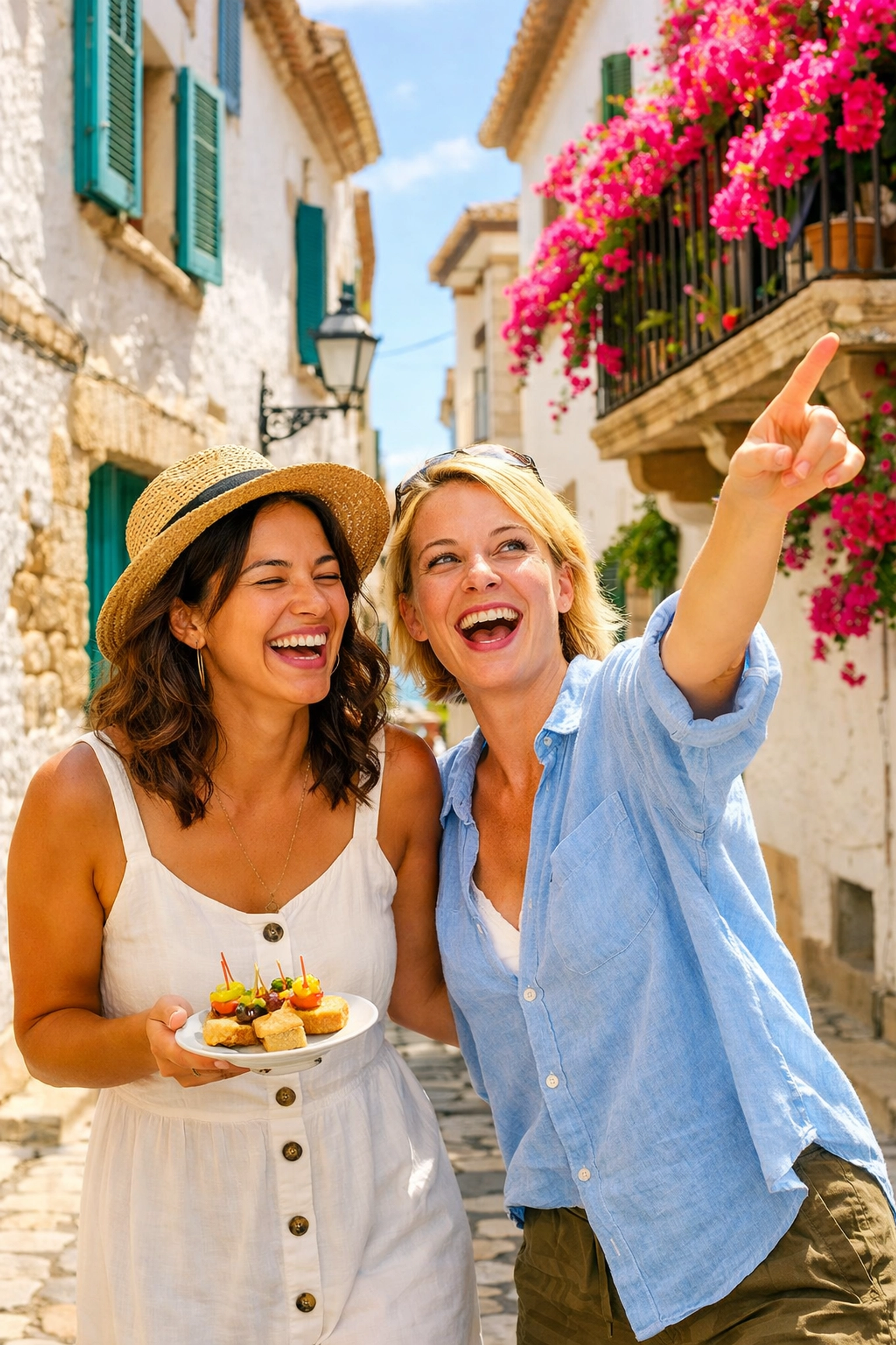 A lesbian couple enjoys tapas while exploring the sun-drenched, budget-friendly streets of Sitges, Spain.