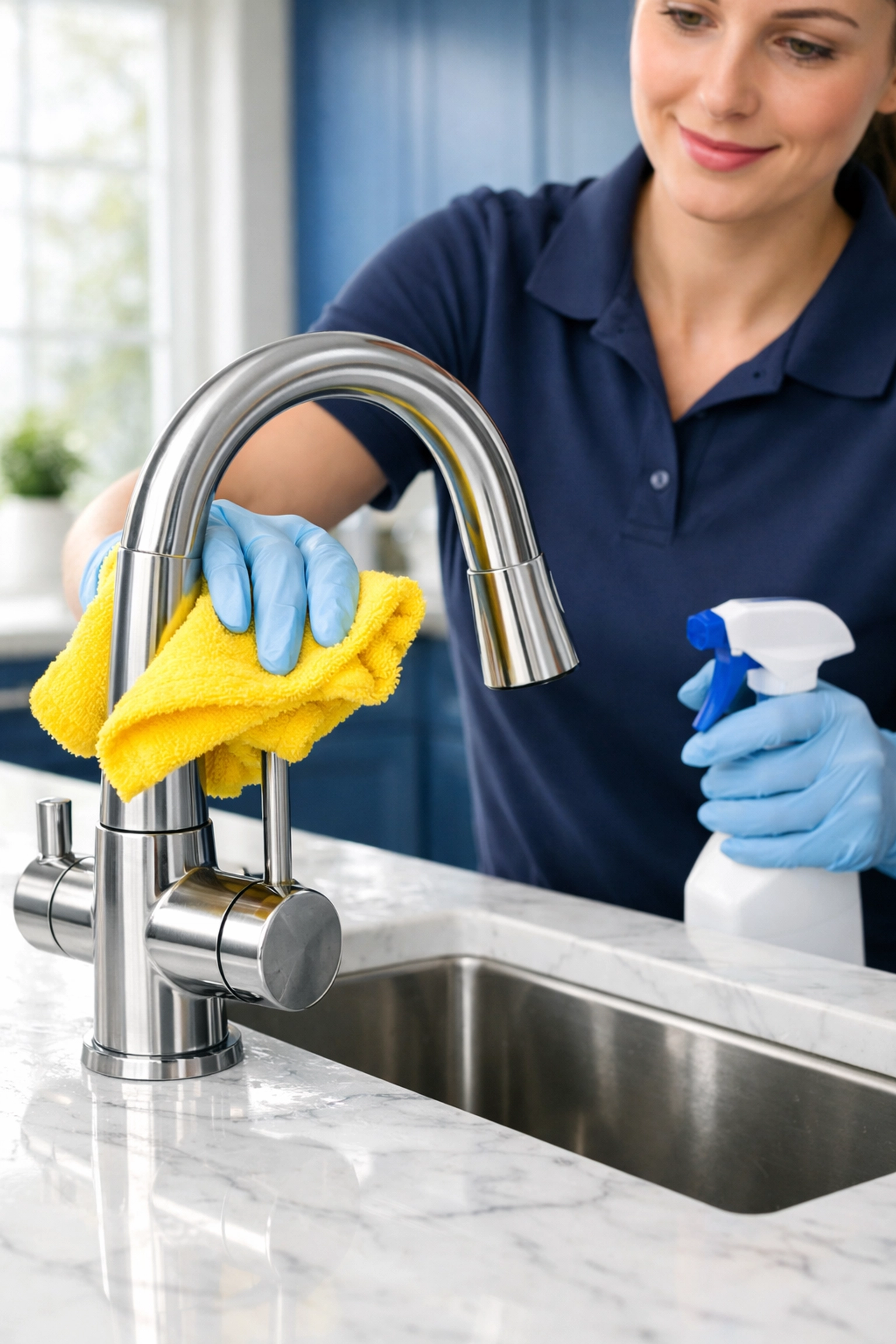 Expert house cleaning services MA professional sanitizing a luxury kitchen faucet and counter.
