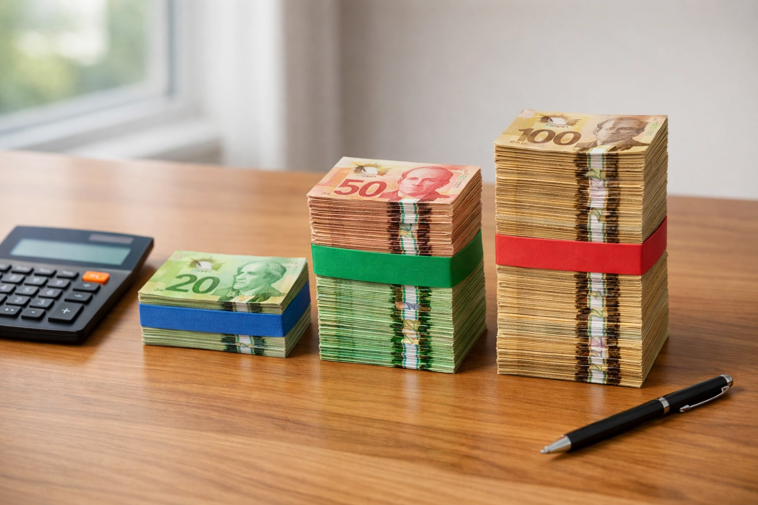 Three stacks of Canadian currency comparing different working capital loan amounts