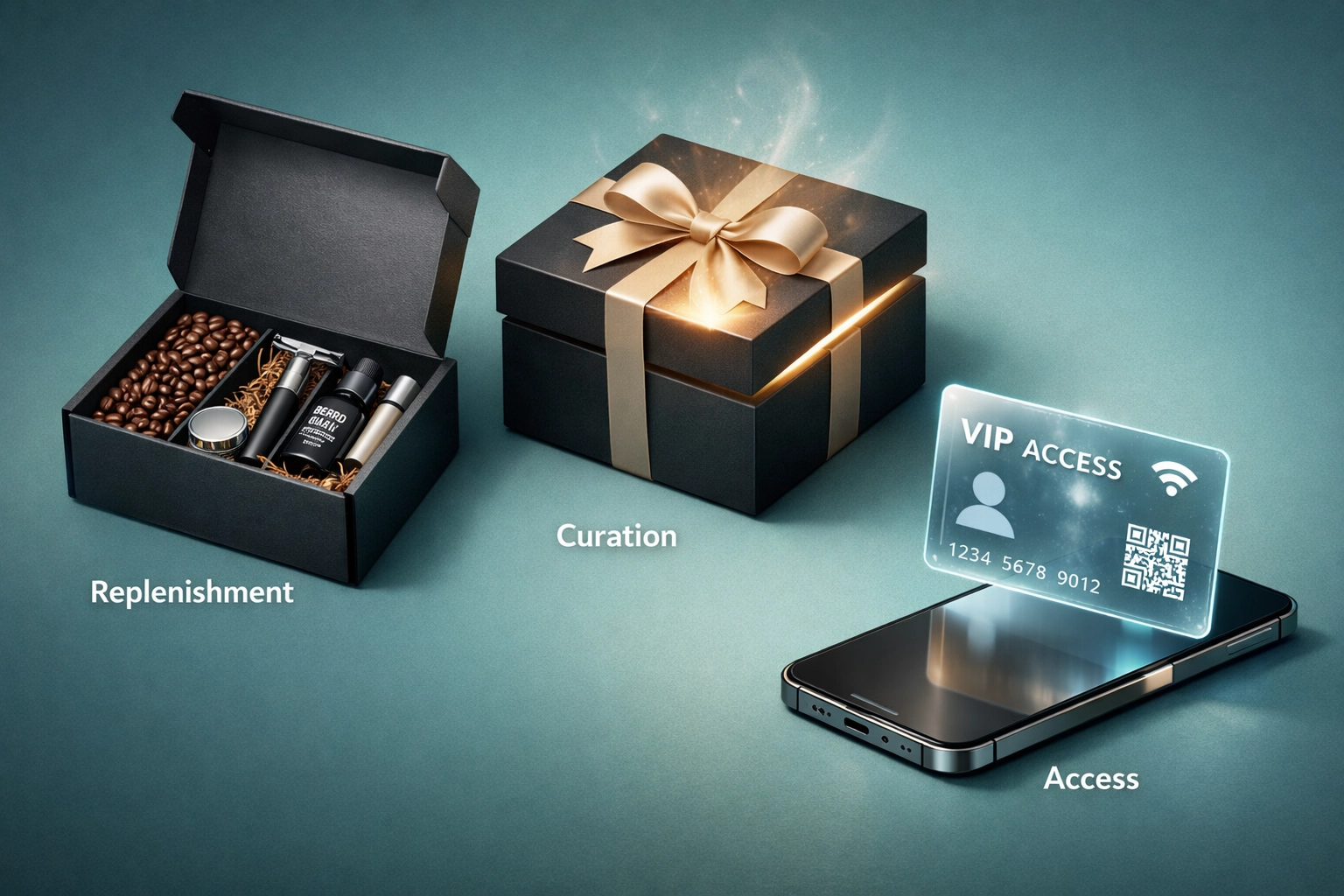 Three different e-commerce subscription boxes representing replenishment, curation, and access models.