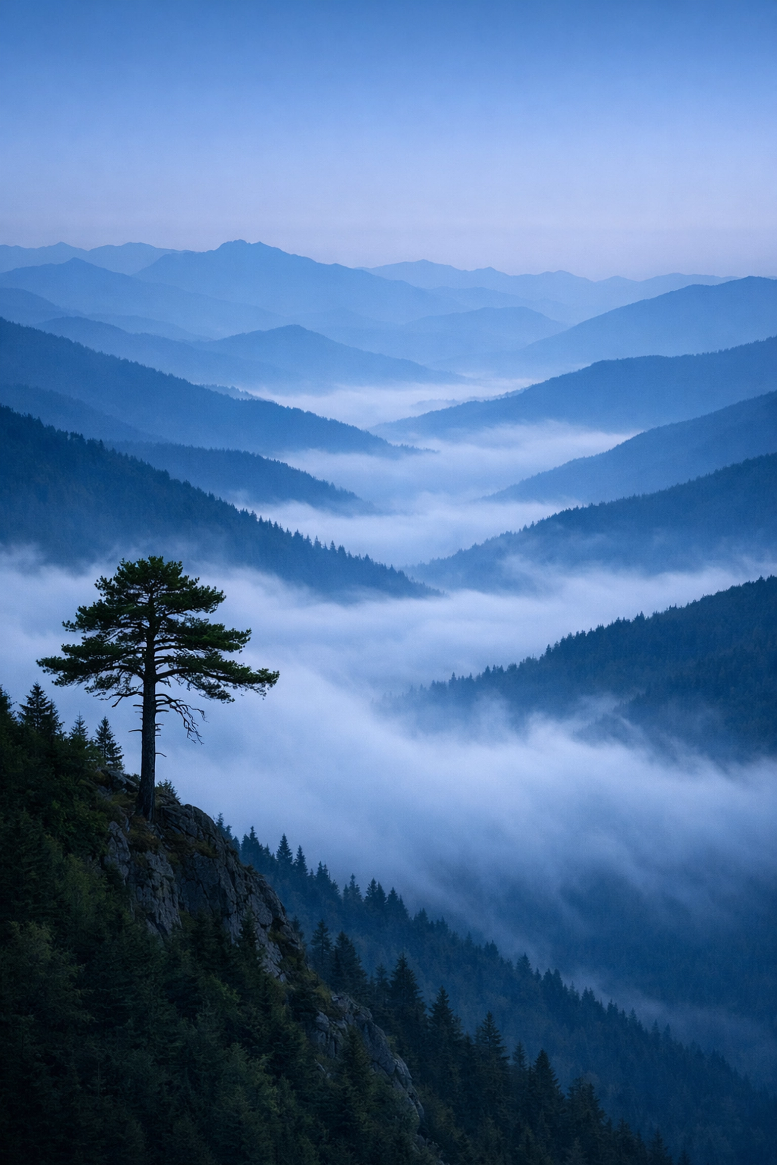Misty mountain ridges at blue hour captured with a telephoto lens to avoid landscape photography mistakes.