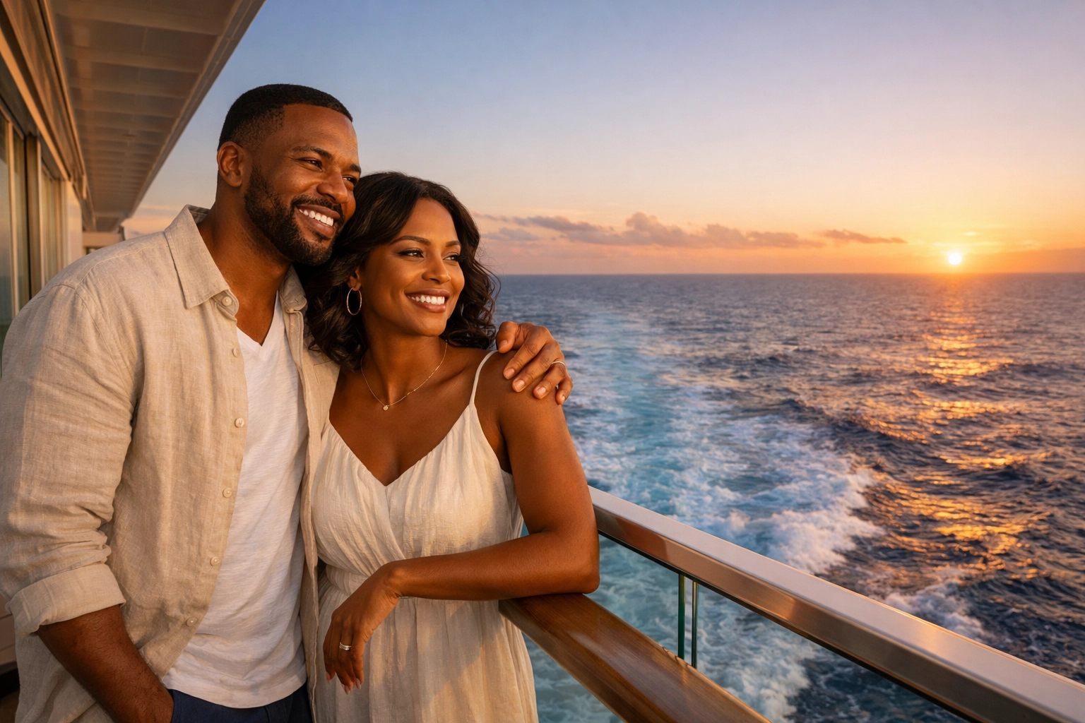 A happy couple enjoying a luxury cruise balcony at sunset, showcasing perks from a Lifestyle Cruises travel agent.
