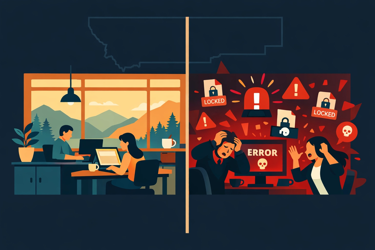Montana business office before and after cyberattack showing ransomware threat impact
