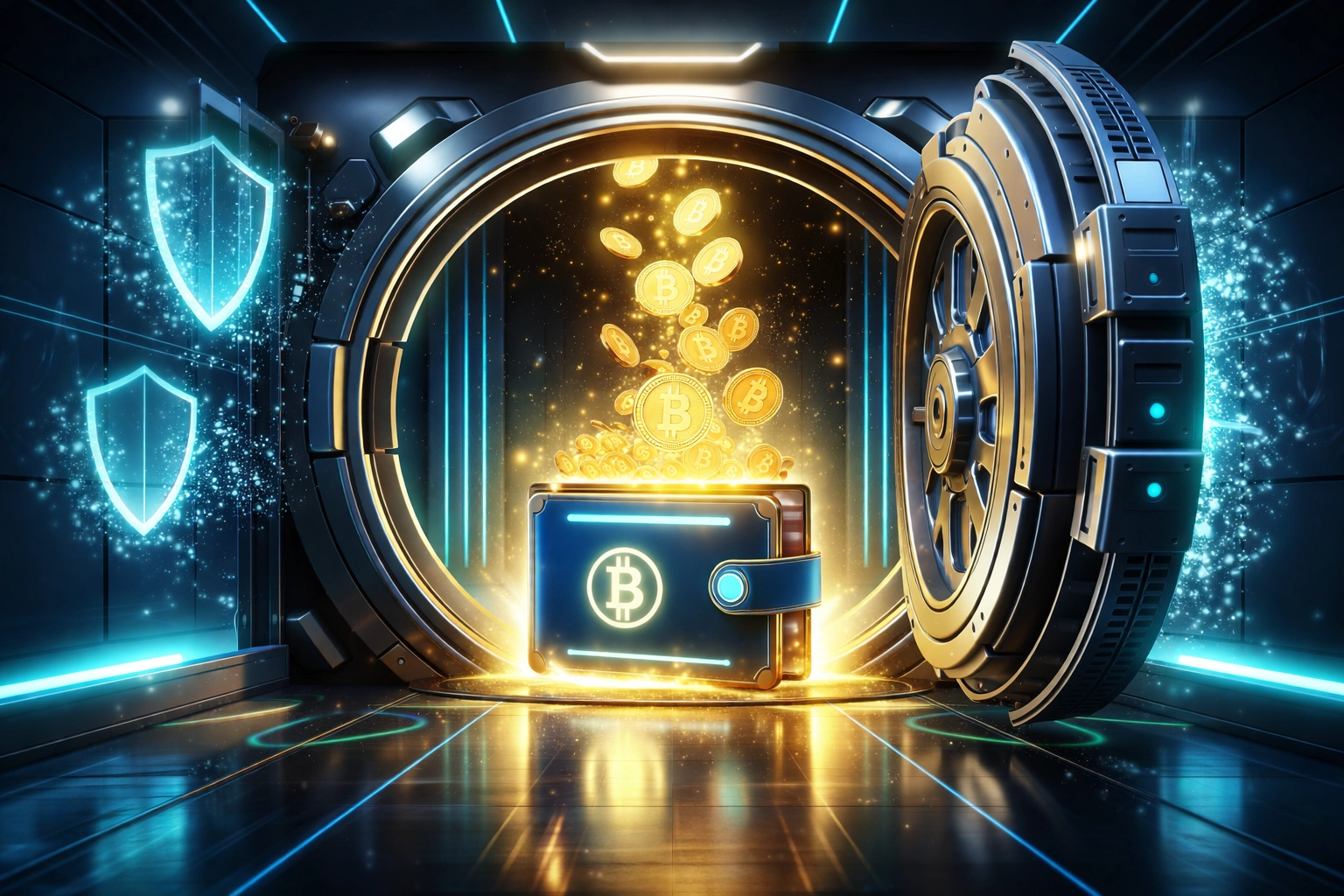 Futuristic crypto wallet opens instantly with golden coins, symbolizing self-custody merchant accounts for financial sovereignty.