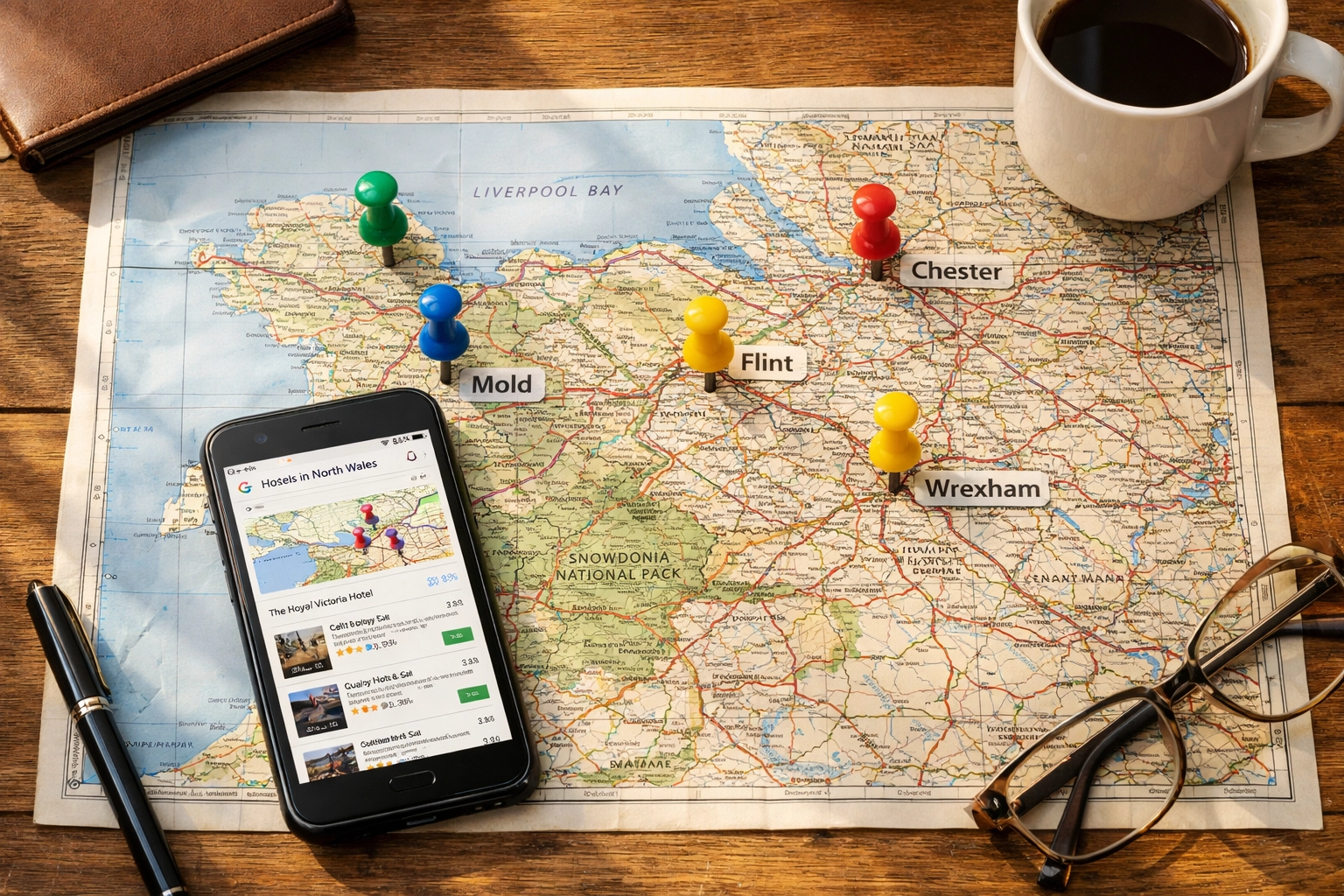 Map of North Wales with location pins marking Chester, Wrexham, and local SEO service areas