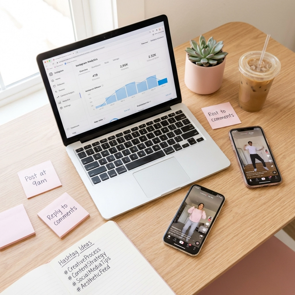 Overhead view of a social media marketer's desk with Instagram analytics, TikTok video, and hashtag planning