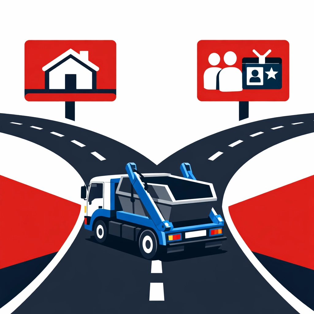 Graphic showing a skip truck at a fork between restricted own-use and standard hire or reward operator licences.