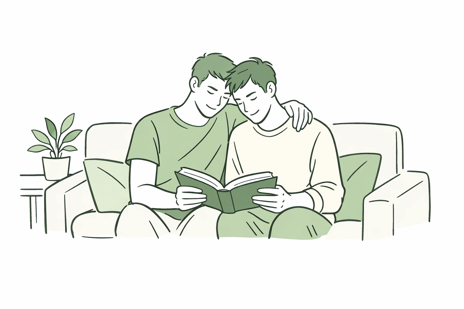 Gay couple sitting together reading an MM romance book, showing the emotional depth of queer fiction.