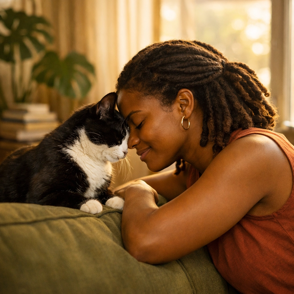 A woman in her Oakland home bonding with her cat, highlighting the comfort of cat sitters Oakland services.