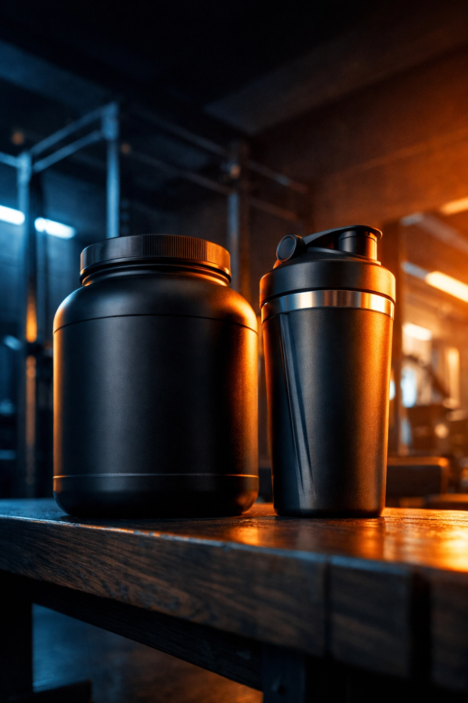 Premium private label electrolyte supplement tub and shaker bottle in a professional fitness setting.