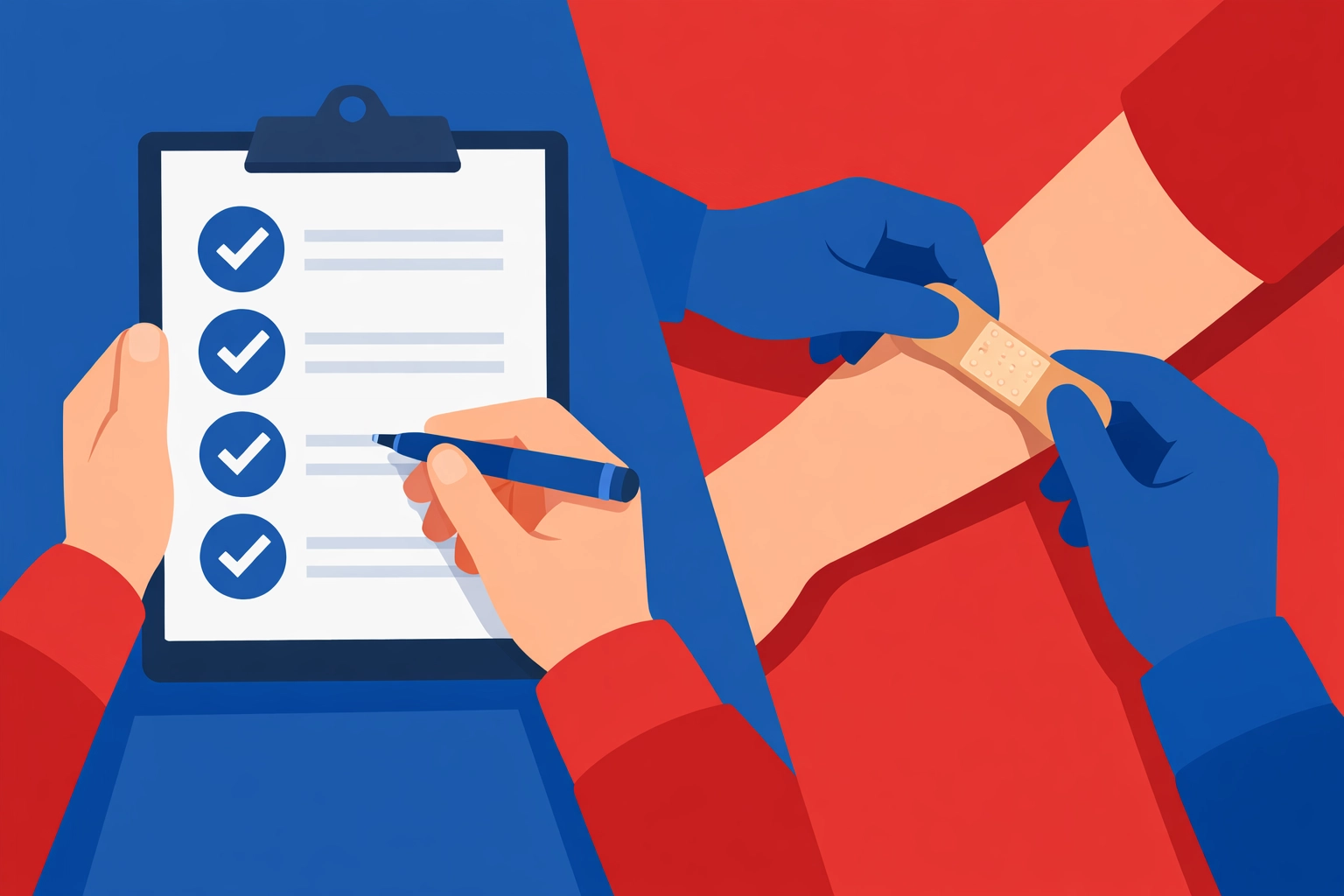 Practical First Aid at Work assessment showing a student applying a bandage during training.