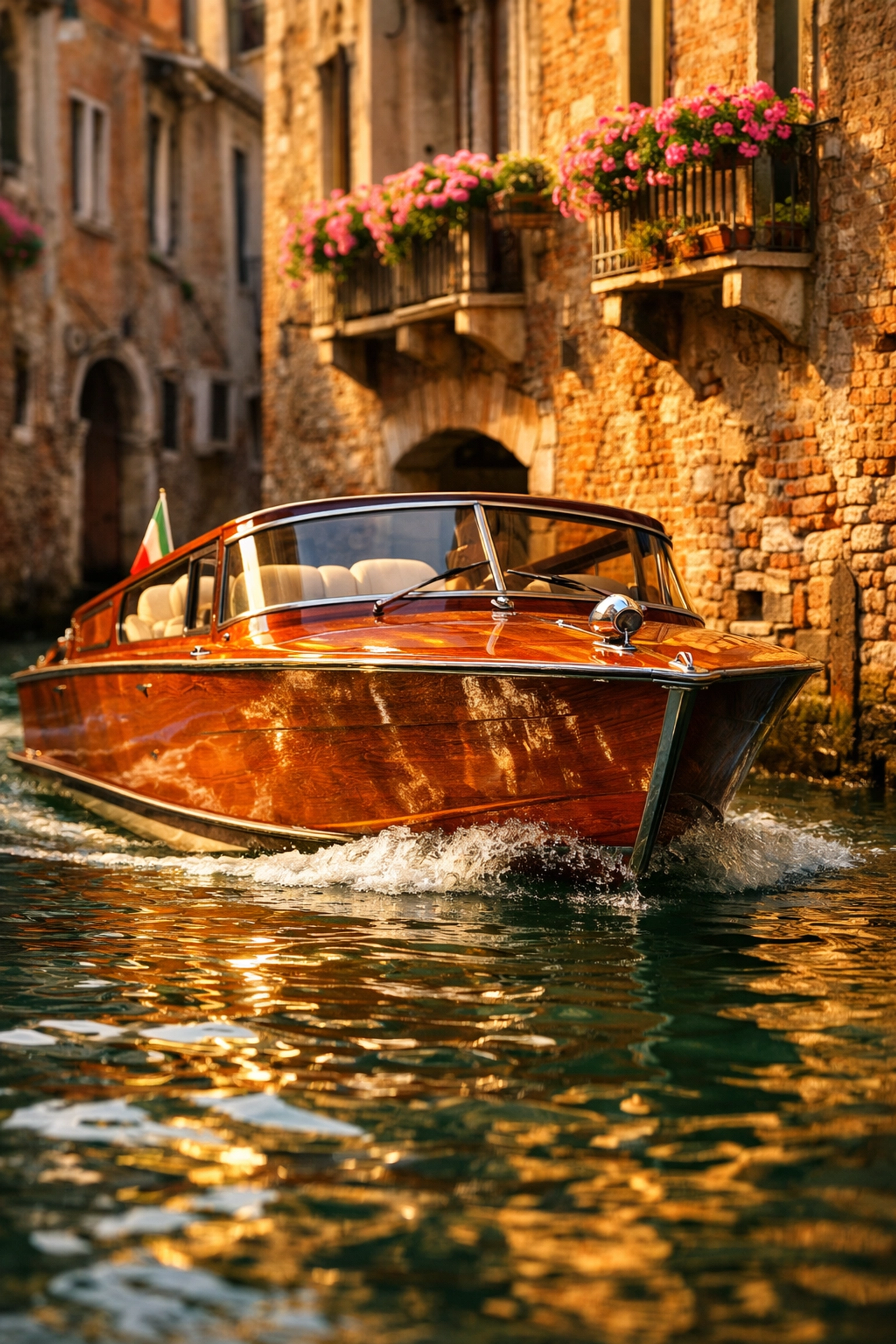 Private vintage mahogany water taxi cruising through a quiet, secluded canal in Venice, Italy.