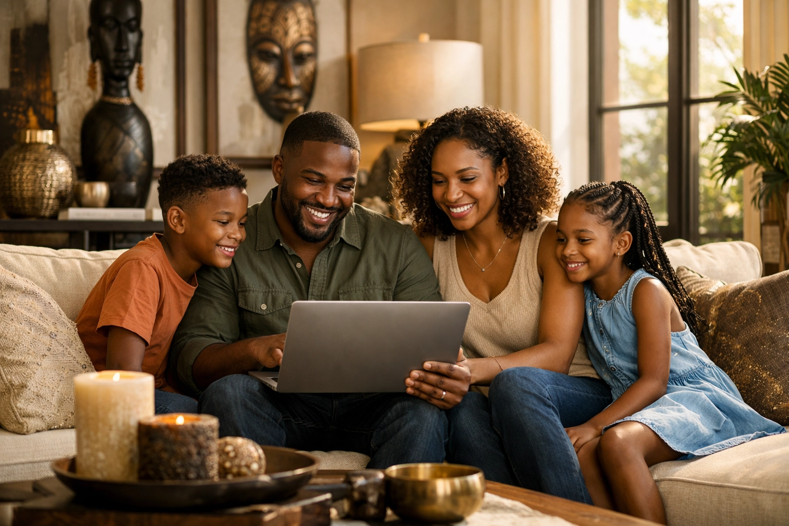The Black Wall Streets Movement: 10 Things Every Conscious Shopper Should Know About Rebuilding Black Commerce Black family shopping online for Black-owned businesses in beautifully decorated living room