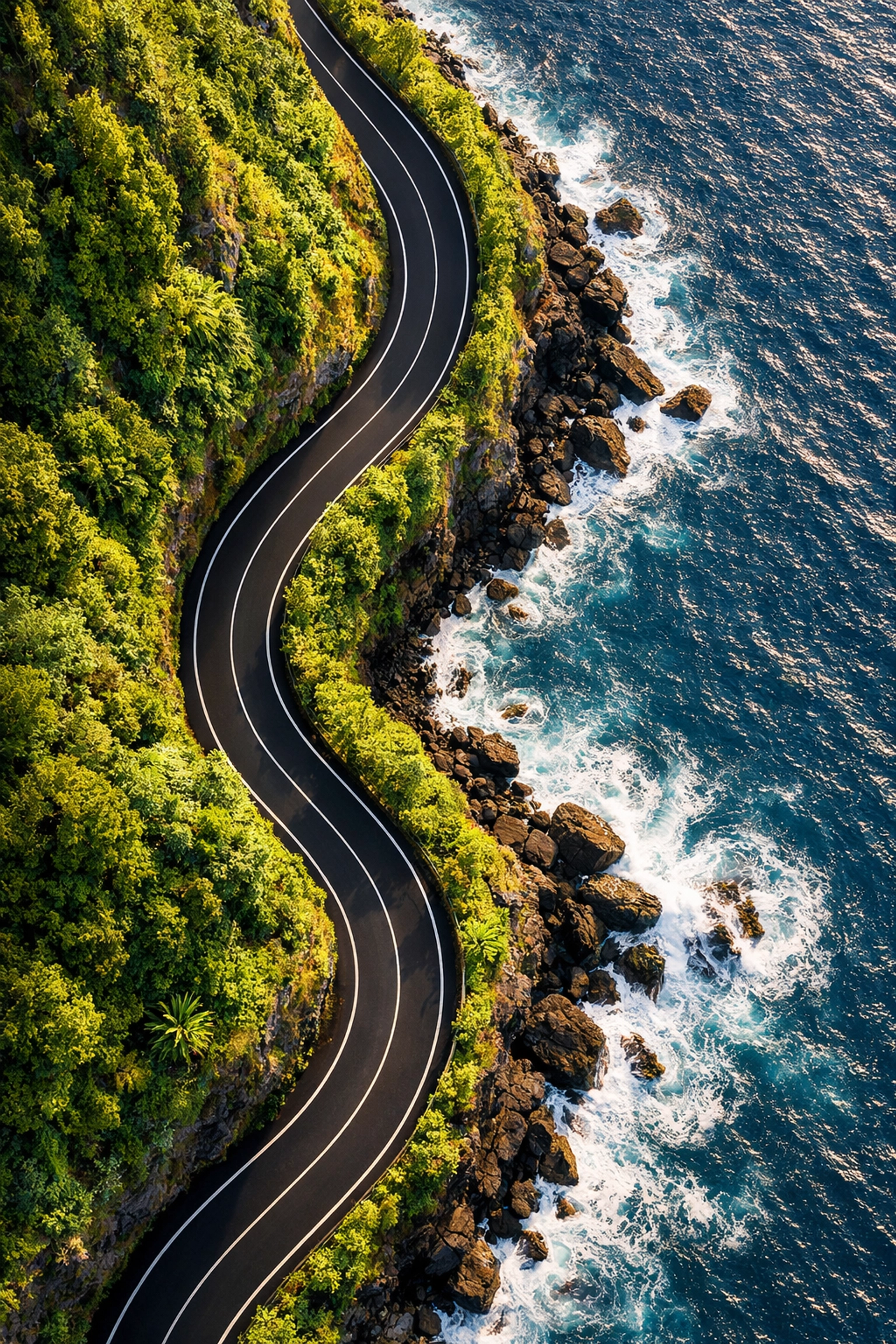 Aerial drone view of a winding coastal road in Madeira, showcasing unique photo spots and travel photography tips.