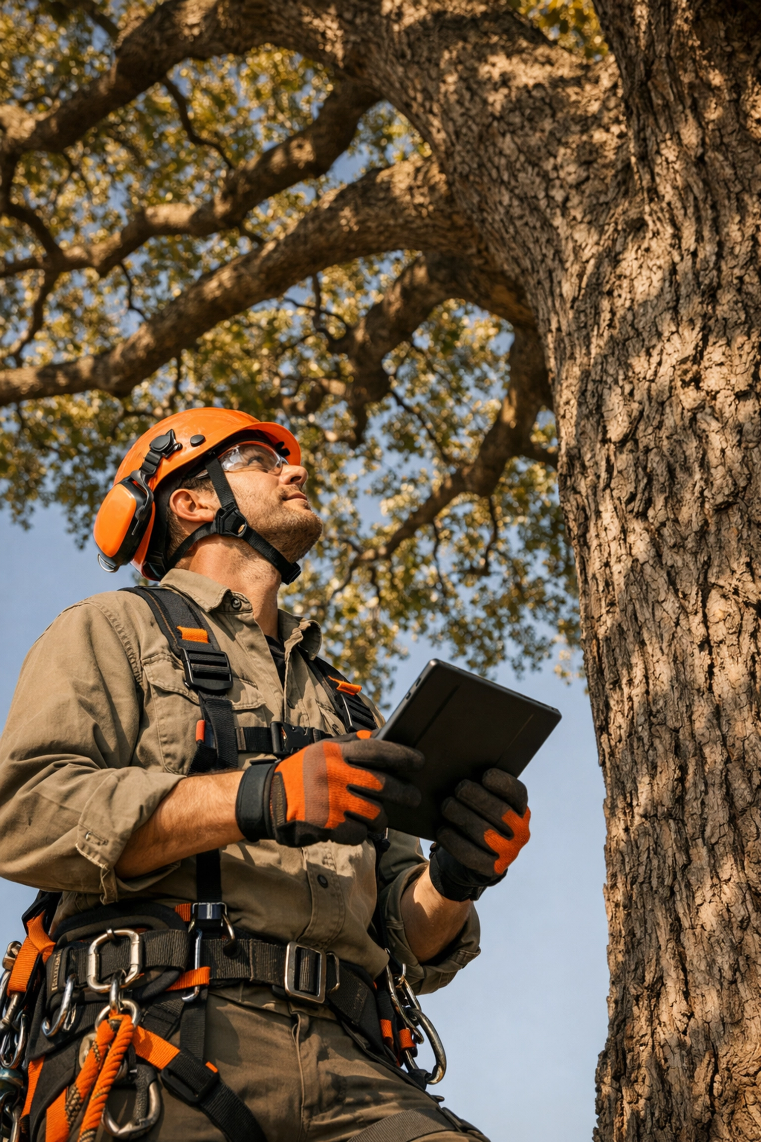 Tree service professional inspecting tree canopy with tablet for assessment