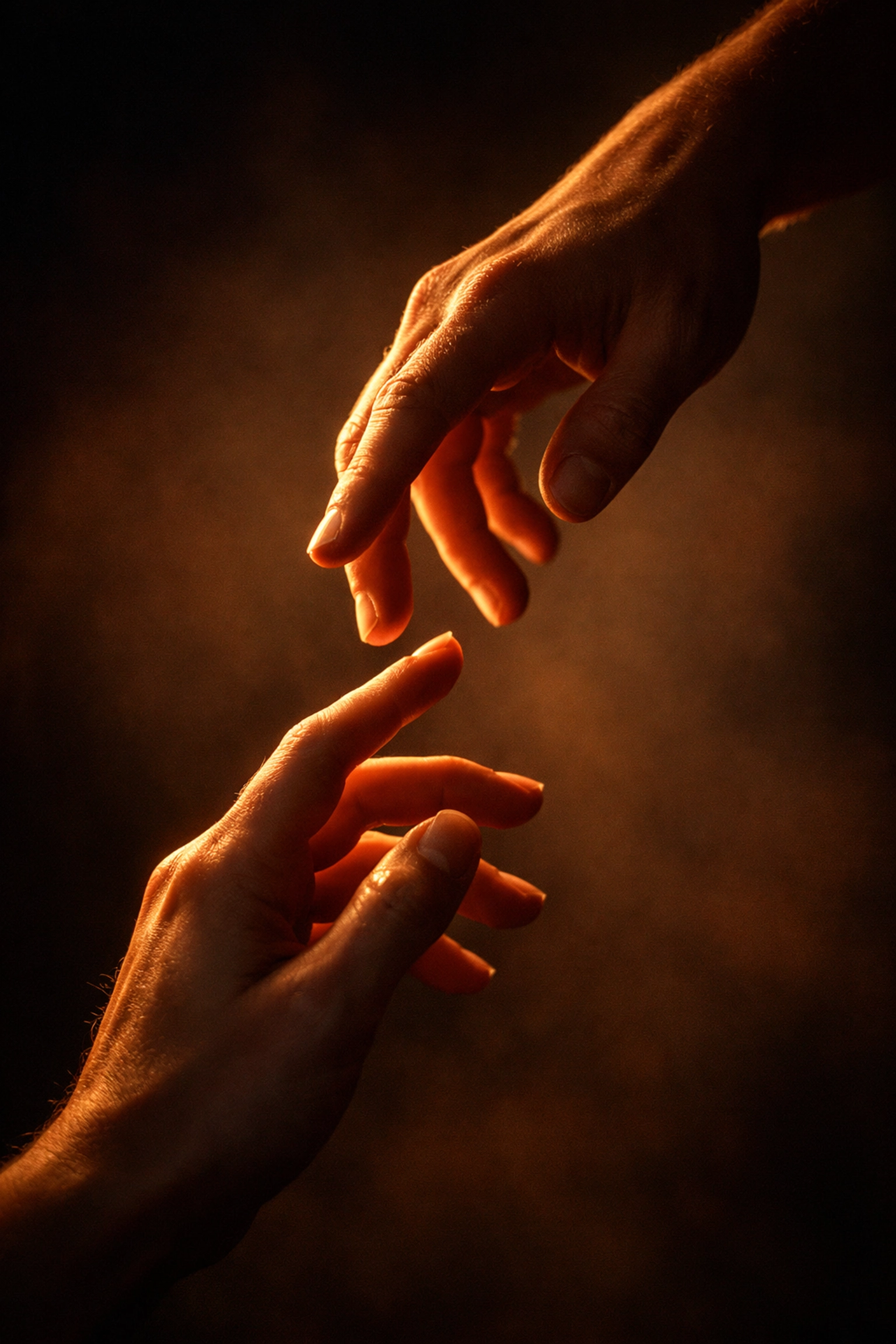 Hands reaching in dramatic stage moment showing authentic connection and storytelling