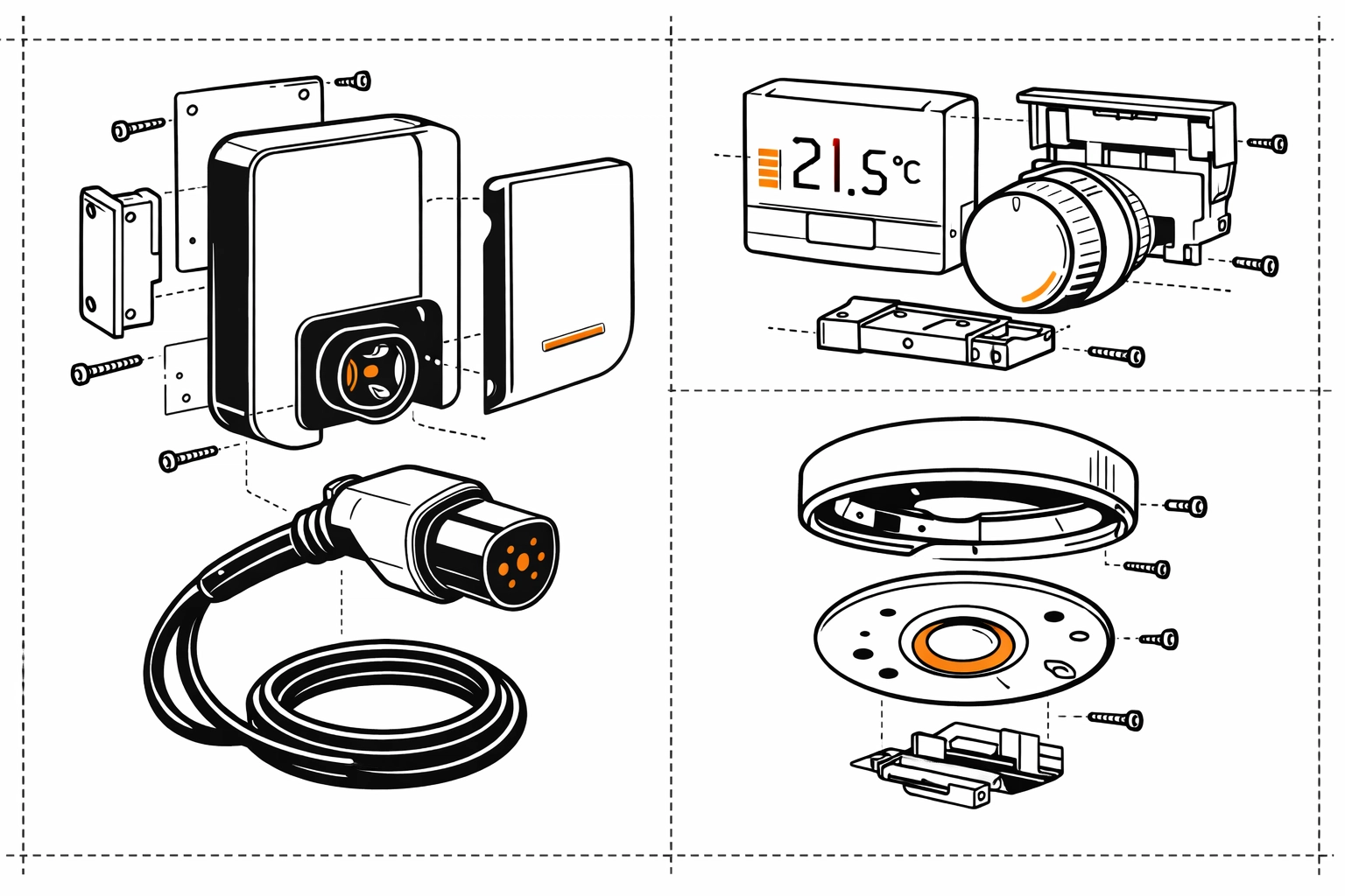 Technische Übersicht smarter Komponenten wie Wallbox und Thermostat zur Planung.
