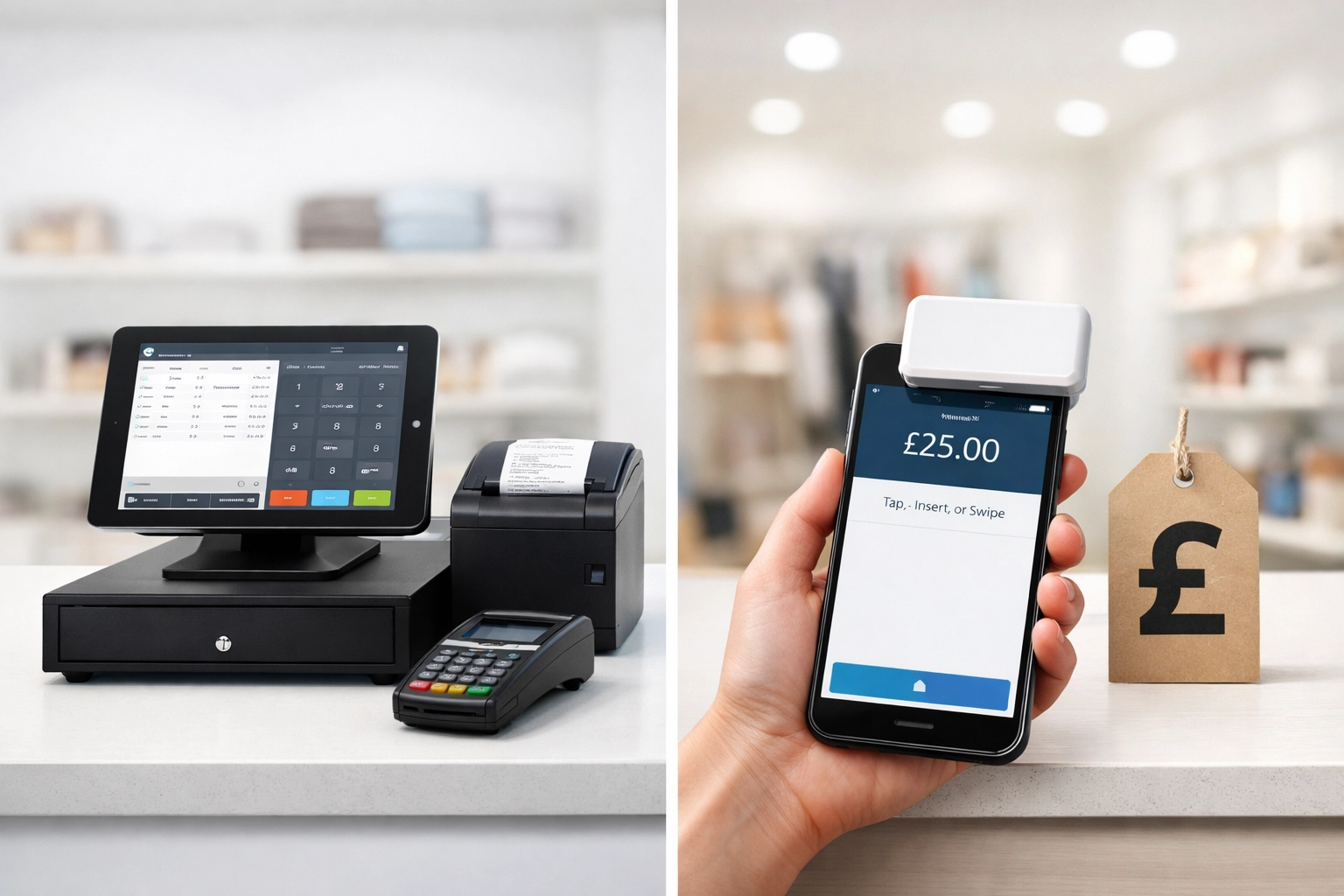 Comparison of traditional retail till system versus mobile card reader for small business