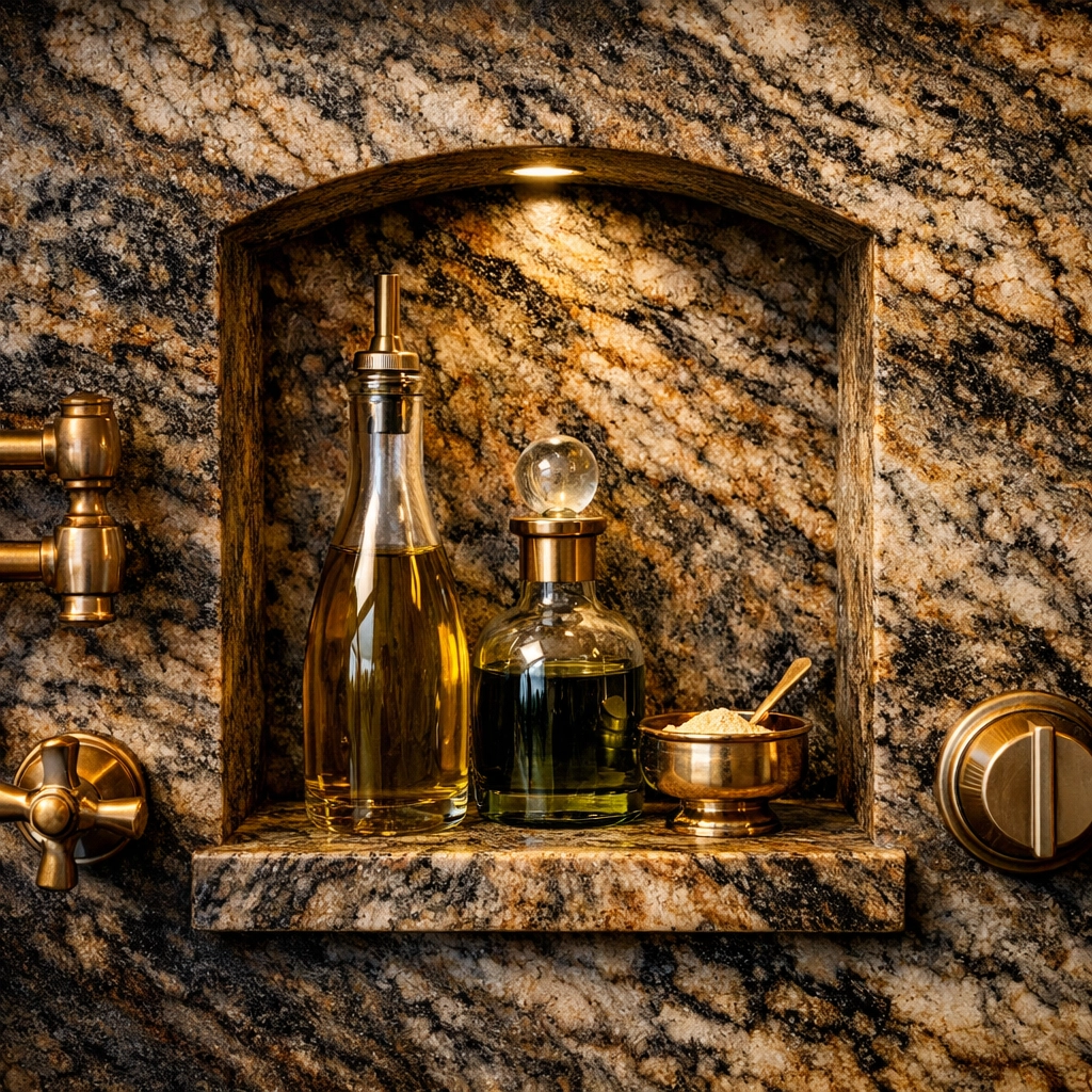 Custom granite slab backsplash with a recessed spice niche for a highly functional space kitchen.