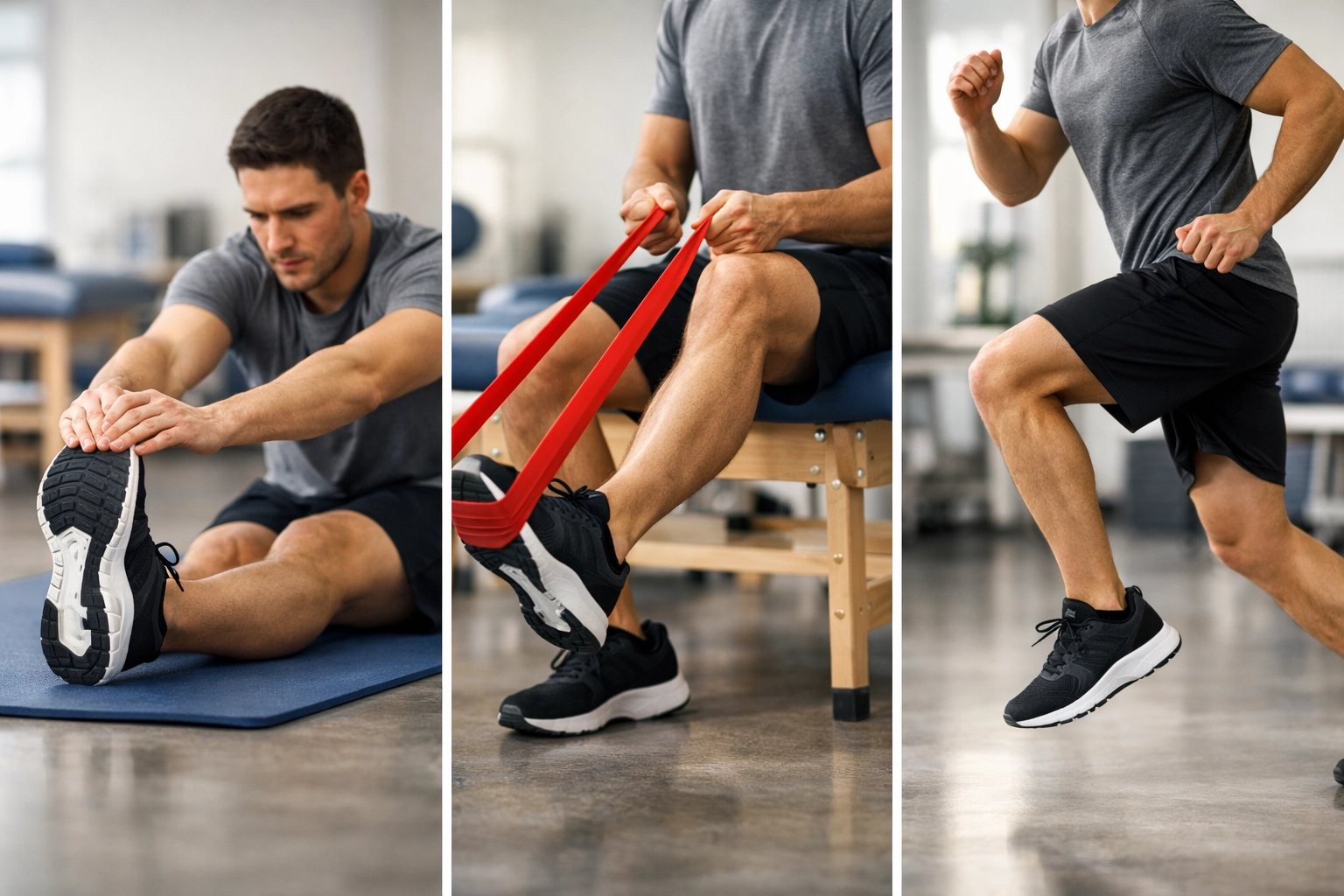 Progressive sports injury rehabilitation exercises showing athlete using resistance band training