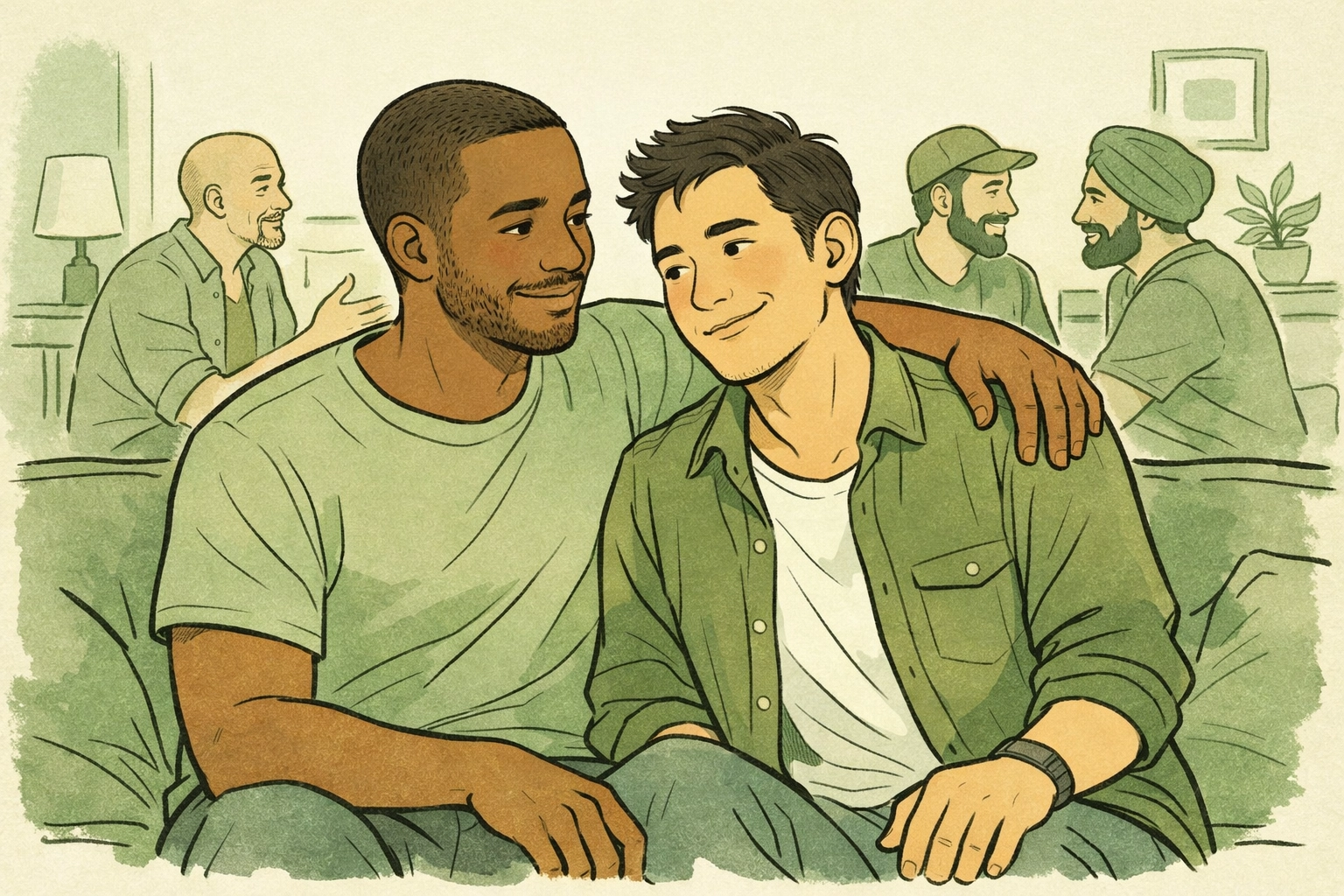 Hand-drawn art of a gay community and MM couple, showing the power of connection and LGBTQ+ belonging.