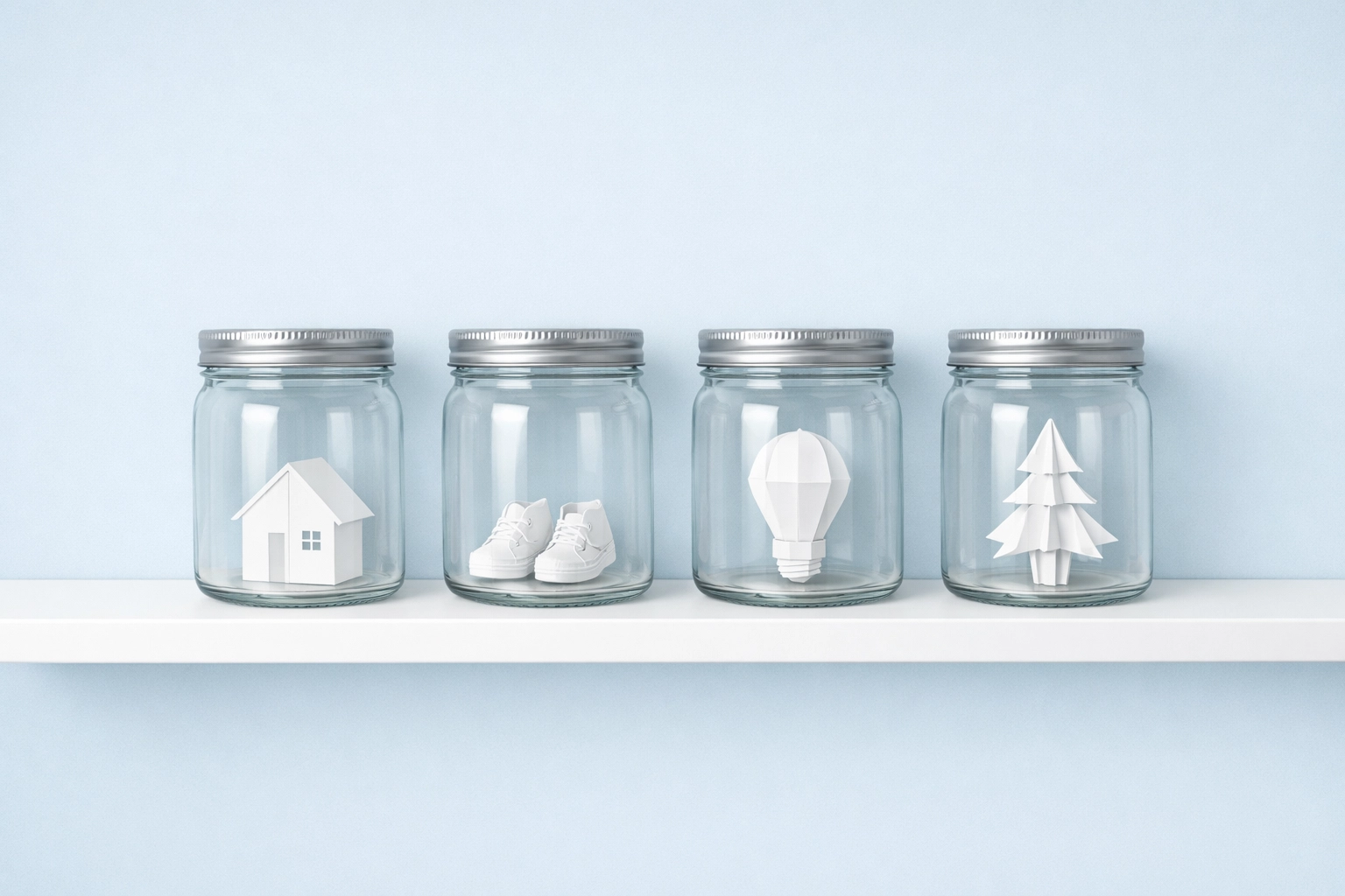 Four glass jars with origami paper icons representing structured savings and zero-based budgeting goals.