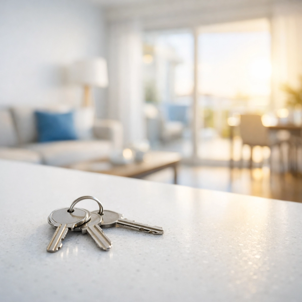 Apartment keys on a clean white countertop, representing a successful apartment cleaning in Boston.