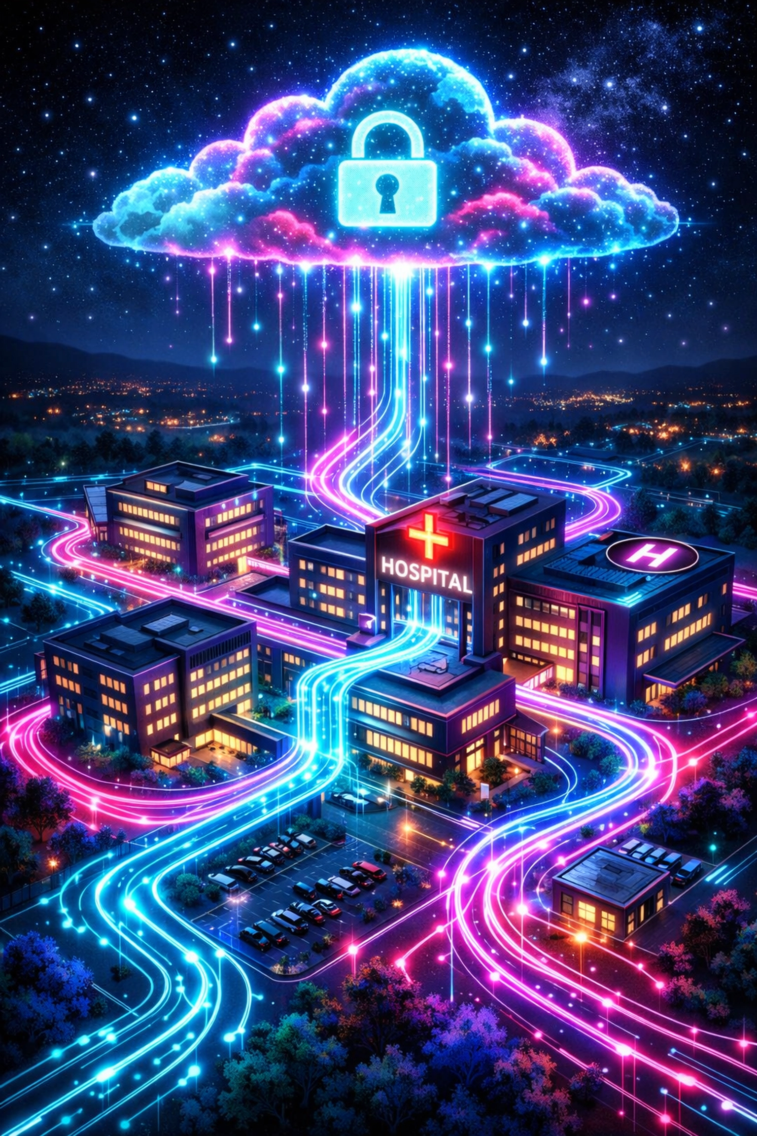 An interconnected digital healthcare infrastructure showing data flow across a modern hospital campus.
