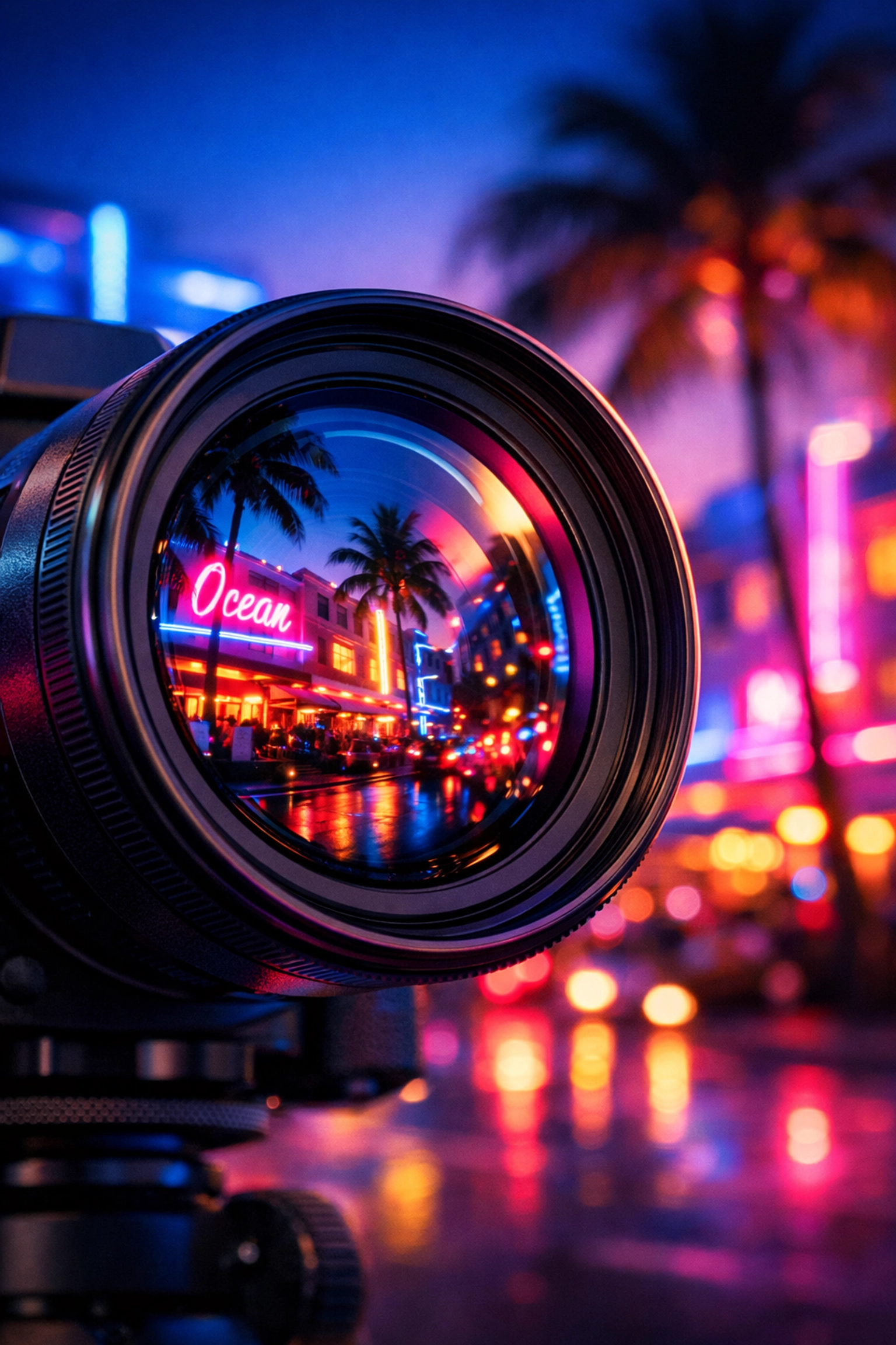 A professional camera lens reflecting the iconic neon lights of Ocean Drive in Miami at night.