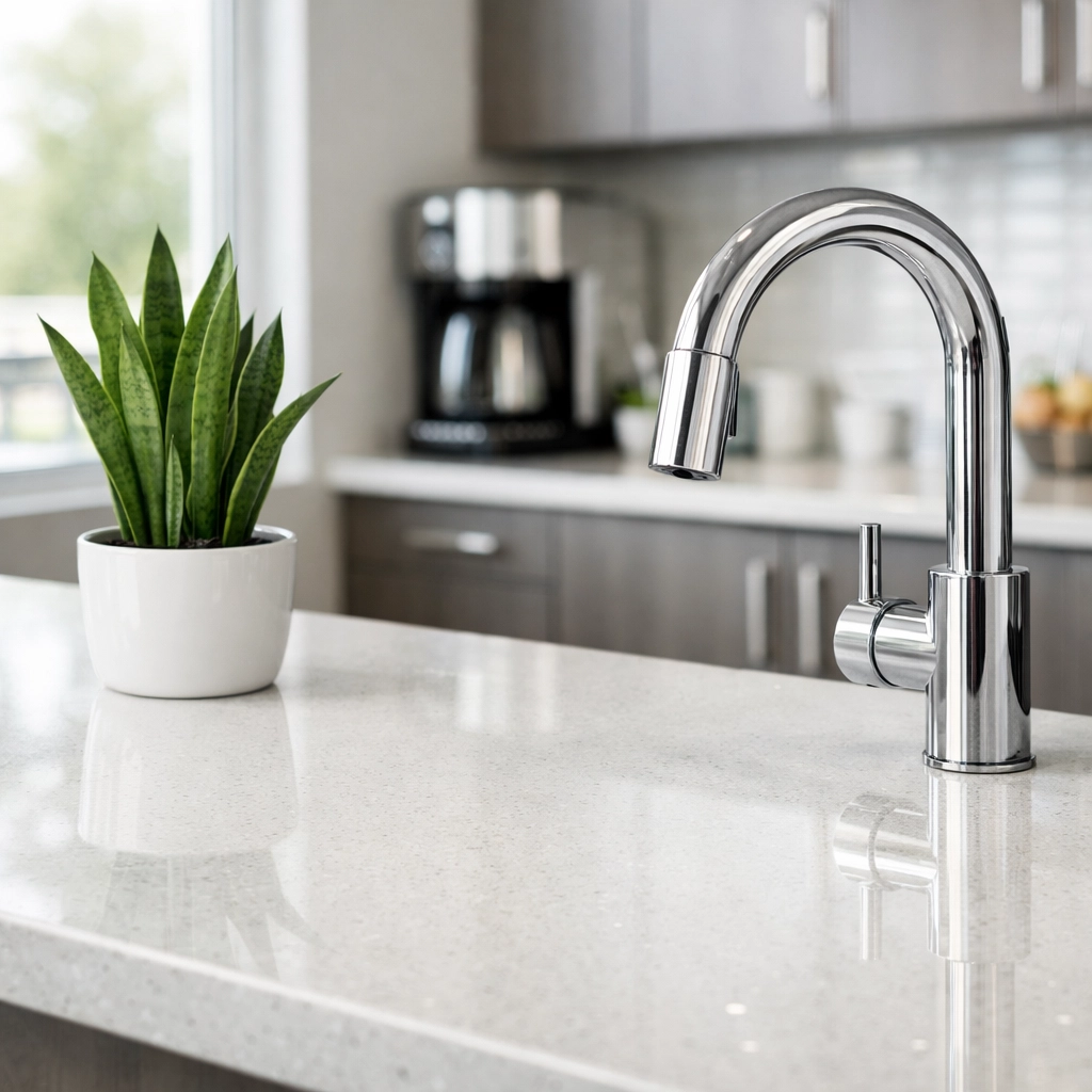 A sparkling clean office breakroom with a quartz countertop and modern fixtures in a Midwest commercial building.