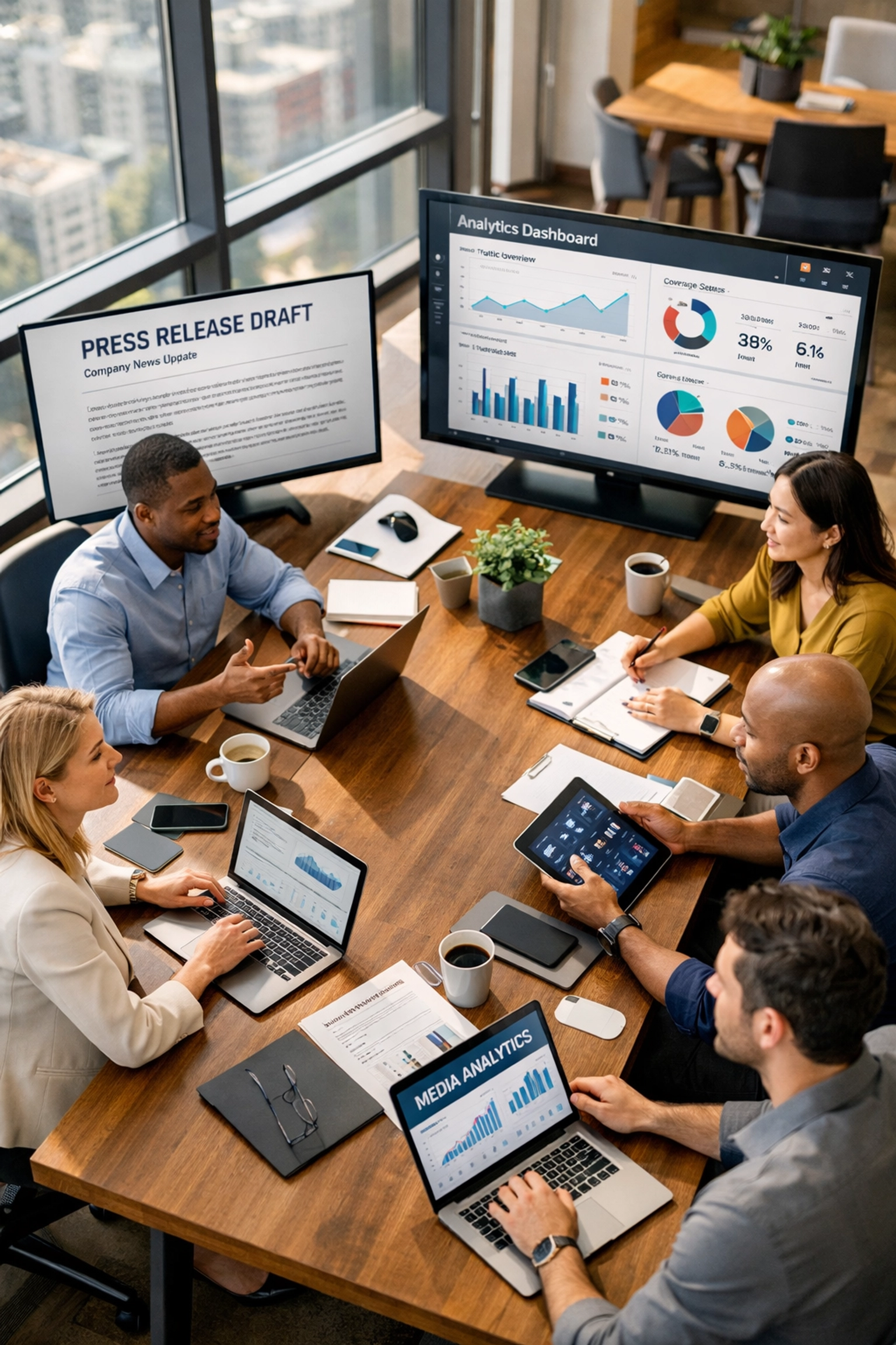 PR team collaborating with automated press release technology and analytics dashboards