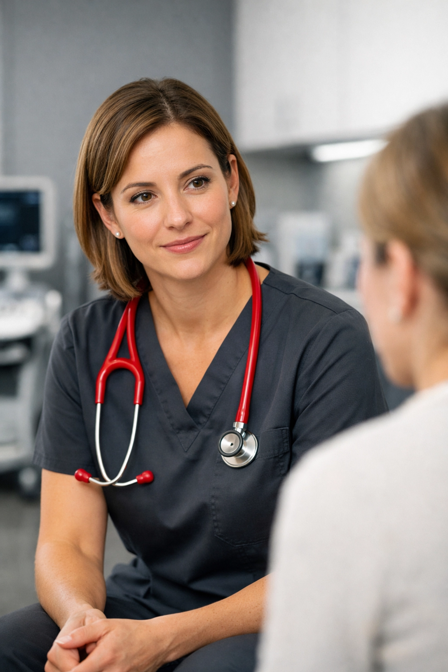 A professional nurse practitioner providing primary care in a modern Canadian health clinic.
