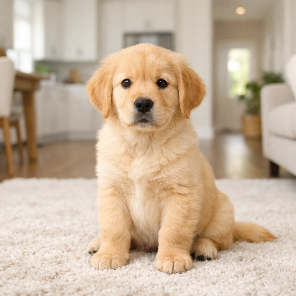 A well-bred Golden Retriever puppy sitting calmly on a rug, demonstrating a balanced temperament.