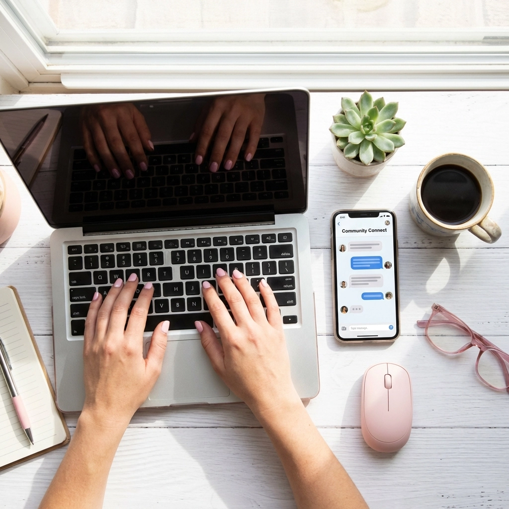 Woman engaging in a social media business group from her home office, fostering online relationships